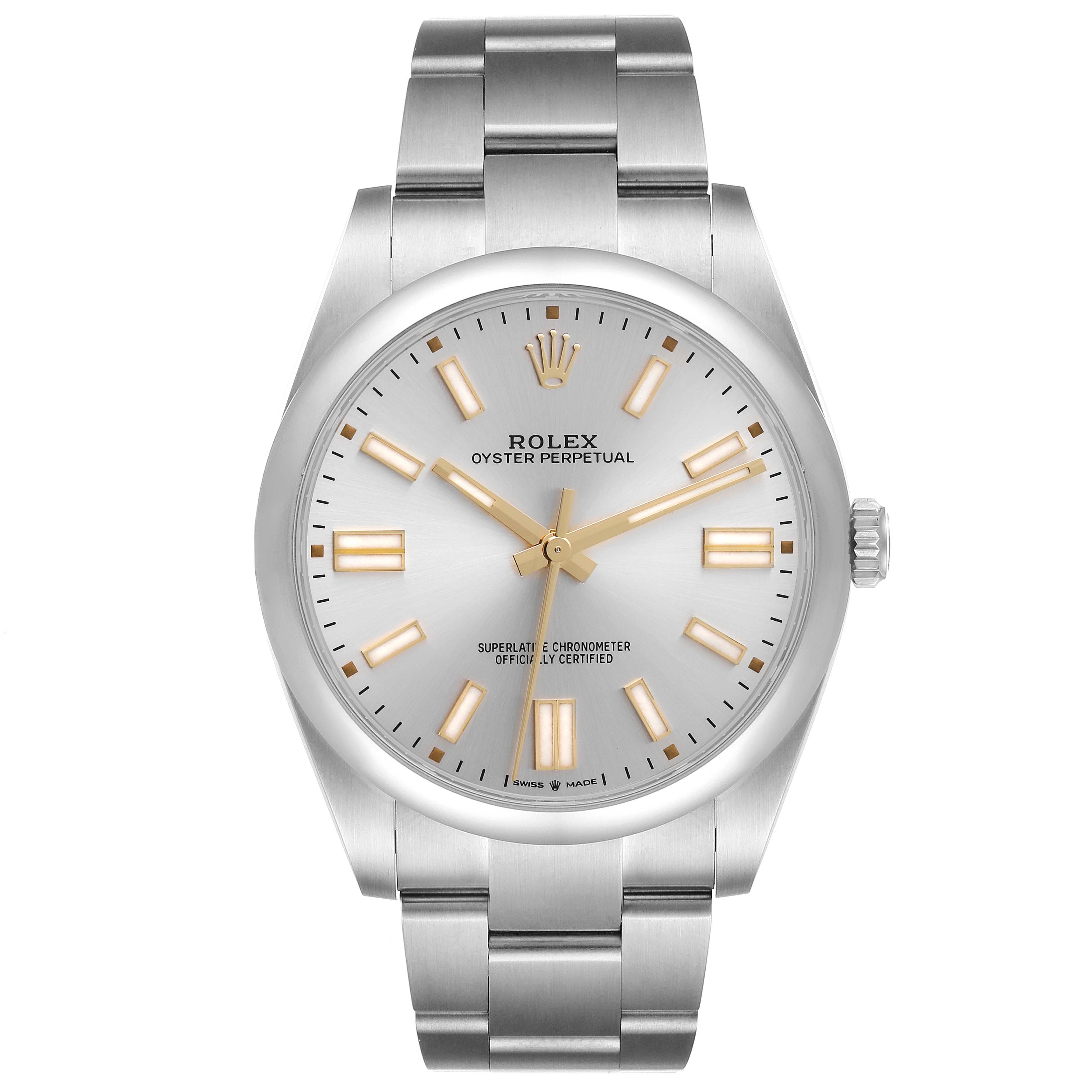 The watch is a Rolex Oyster Perpetual 124300 Men's Stainless Steel Silver Dial 124300 Men's Stainless Steel Silver Dial model shown from a front view, highlighting the dial, case, and bracelet.