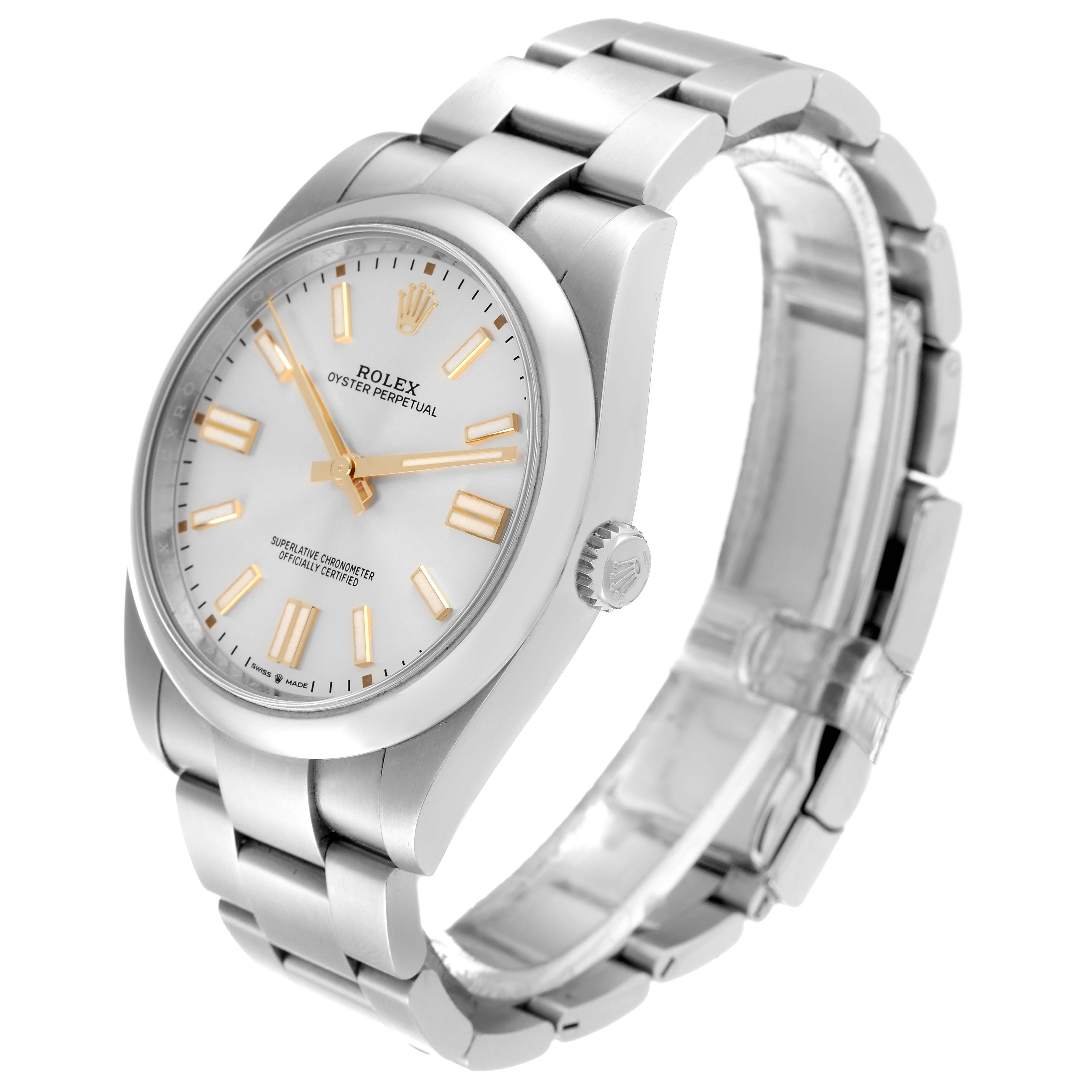 The Rolex Oyster Perpetual 124300 Men's Stainless Steel Silver Dial 124300 Men's Stainless Steel Silver Dial watch is shown at a three-quarter angle highlighting the face, dial, and part of the bracelet.