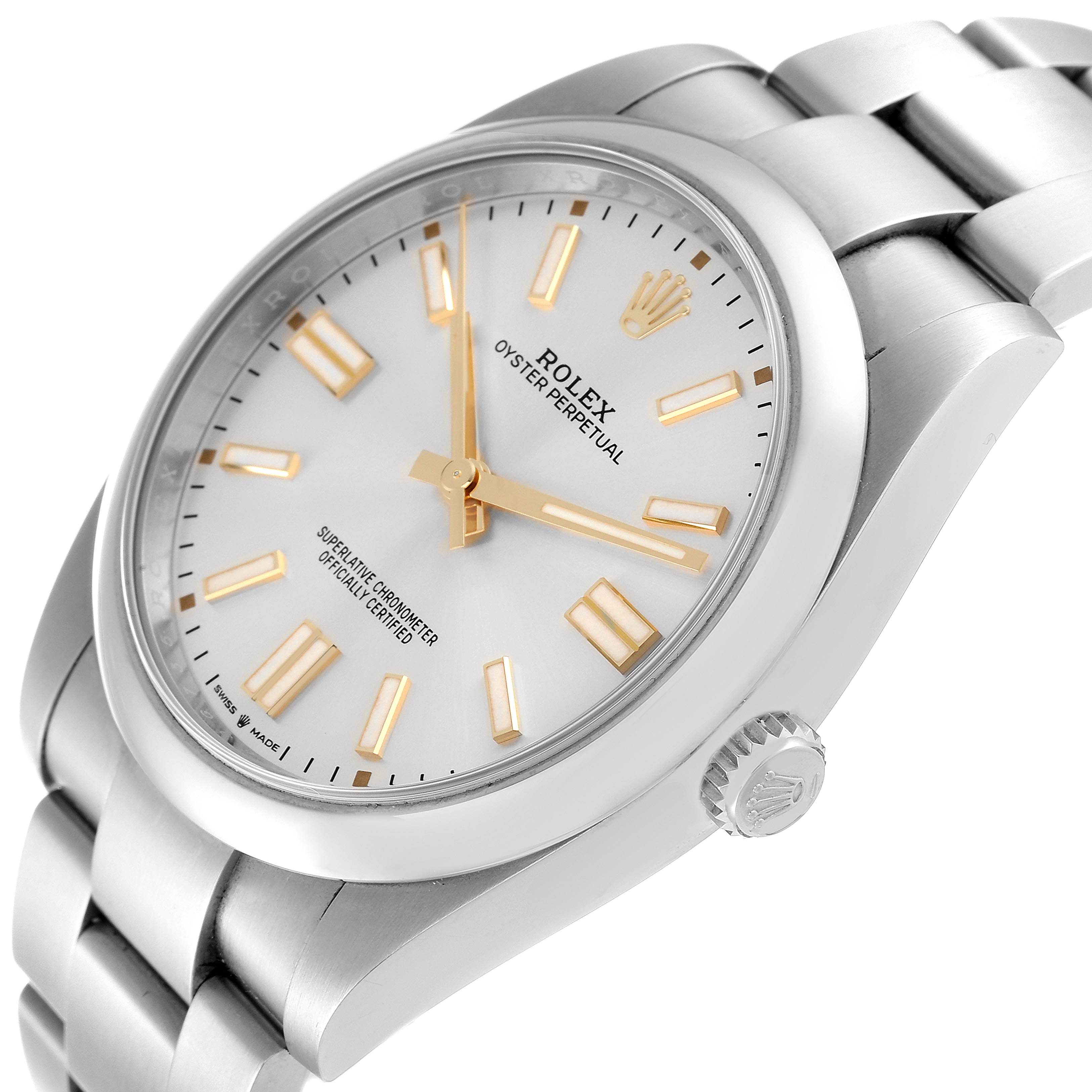 This image shows a close-up of the dial, crown, and part of the bracelet of the Rolex Oyster Perpetual 124300 Men's Stainless Steel Silver Dial 124300 Men's Stainless Steel Silver Dial watch at an angled view.