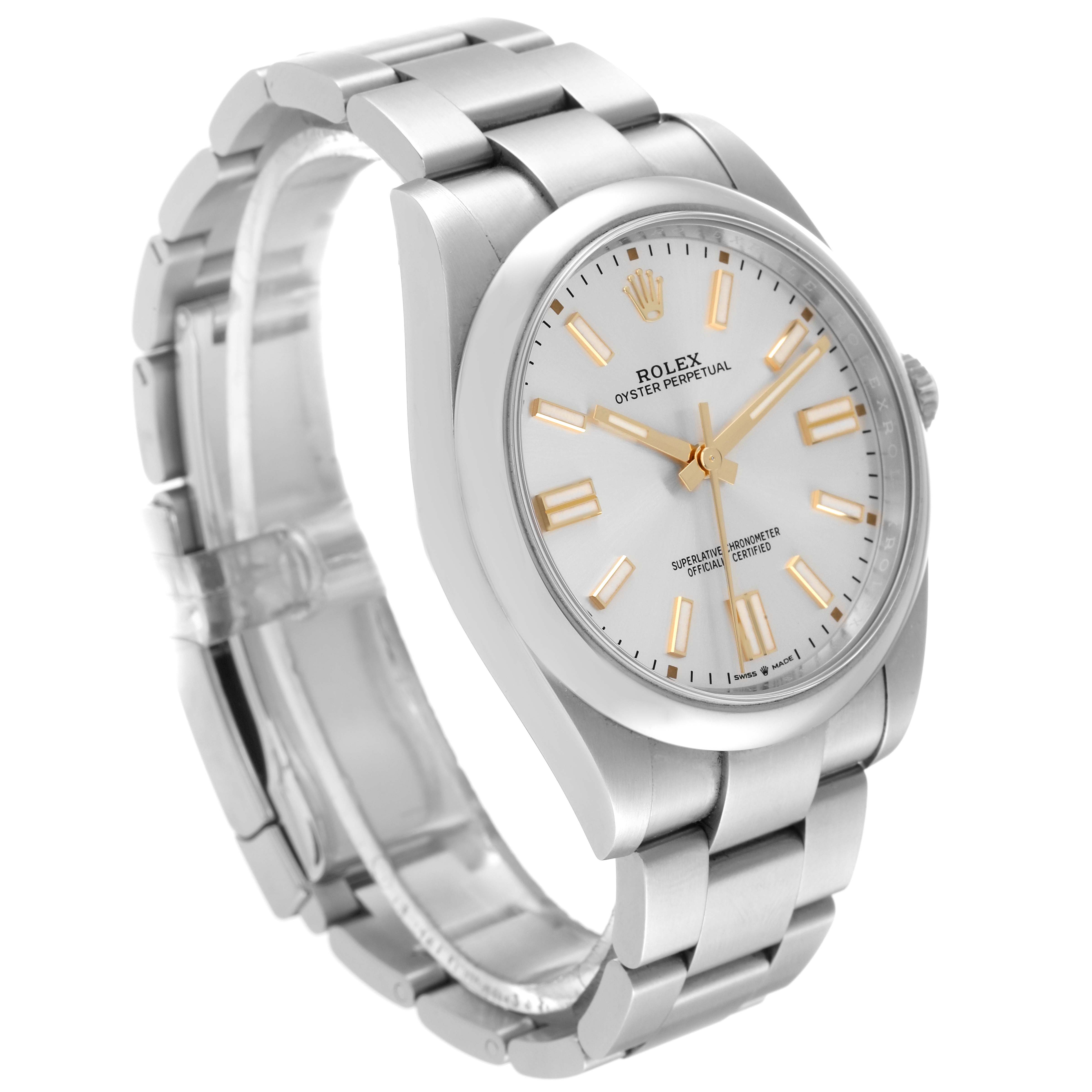 This image shows a Rolex Oyster Perpetual 124300 Men's Stainless Steel Silver Dial 124300 Men's Stainless Steel Silver Dial watch at a three-quarter angle, highlighting the face, bracelet, and clasp.