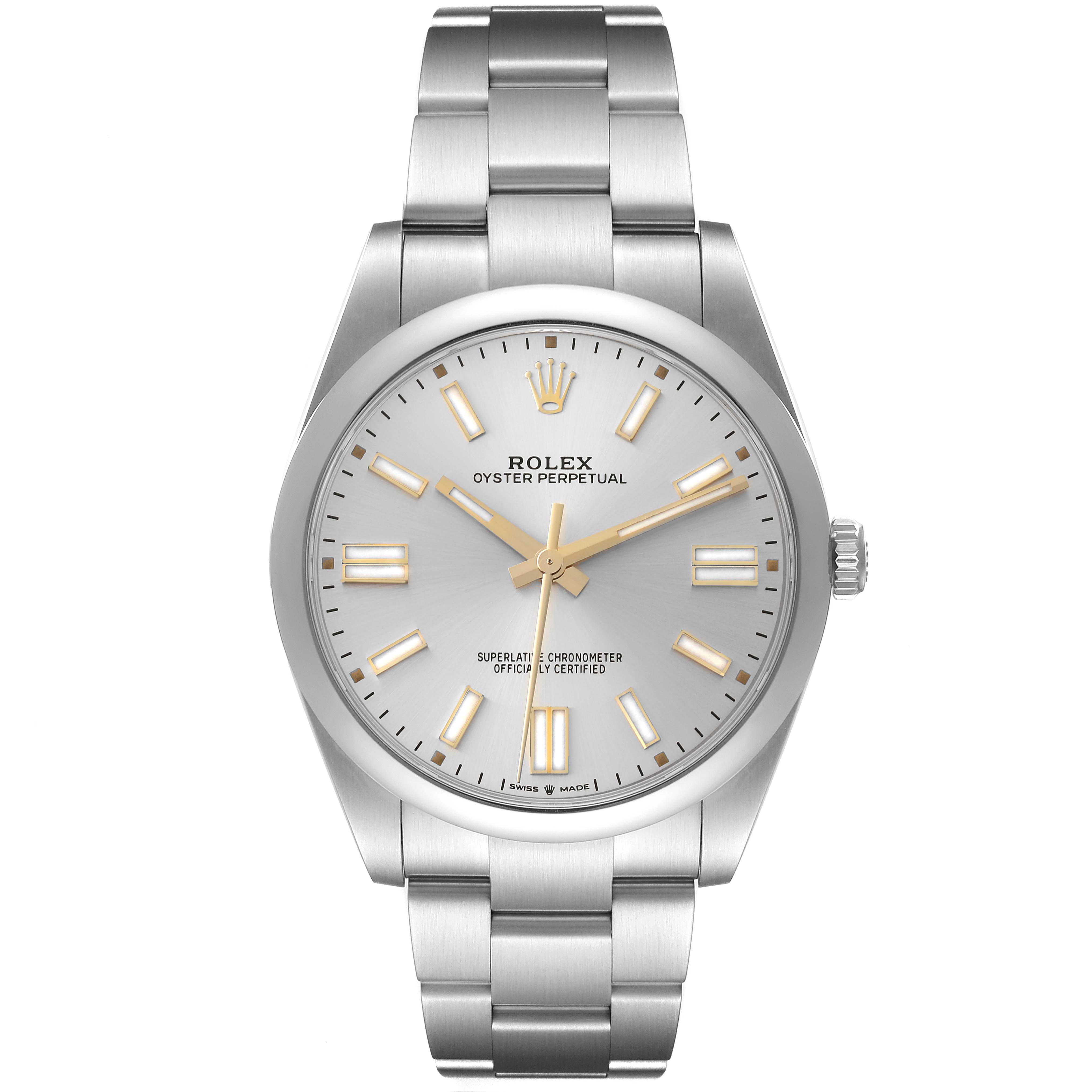 The Rolex Oyster Perpetual 124300 Men's Stainless Steel Silver Dial 124300 Men's Stainless Steel Silver Dial watch is shown from the front angle, displaying the full dial, case, and bracelet.
