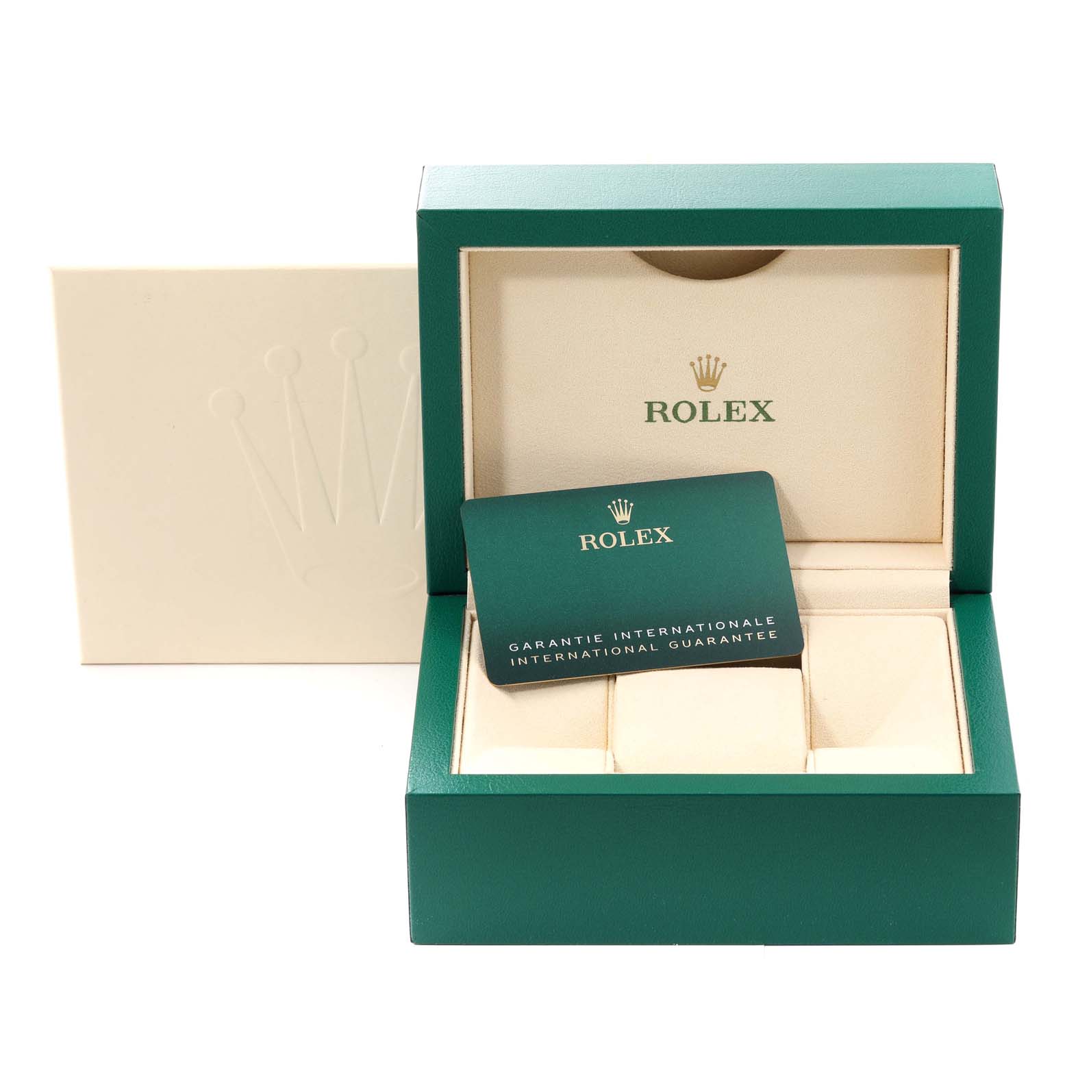 The image shows the packaging and guarantee card for a Rolex Oyster Perpetual 124300 Men's Stainless Steel Silver Dial 124300 Men's Stainless Steel Silver Dial watch, featuring the box and an international guarantee card.
