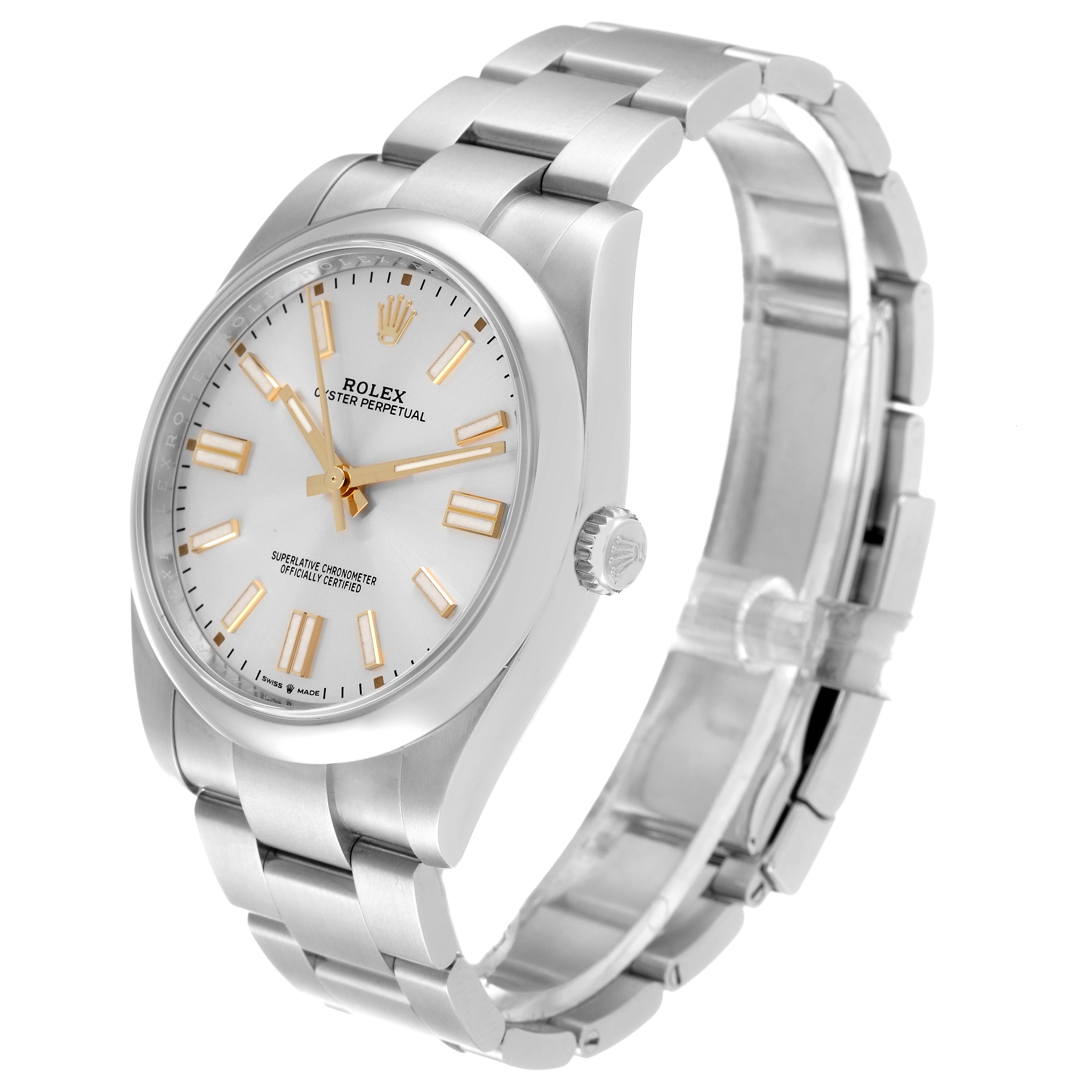 The image shows a side angle of a Rolex Oyster Perpetual 124300 Men's Stainless Steel Silver Dial 124300 Men's Stainless Steel Silver Dial watch, highlighting the bracelet, dial, and crown.
