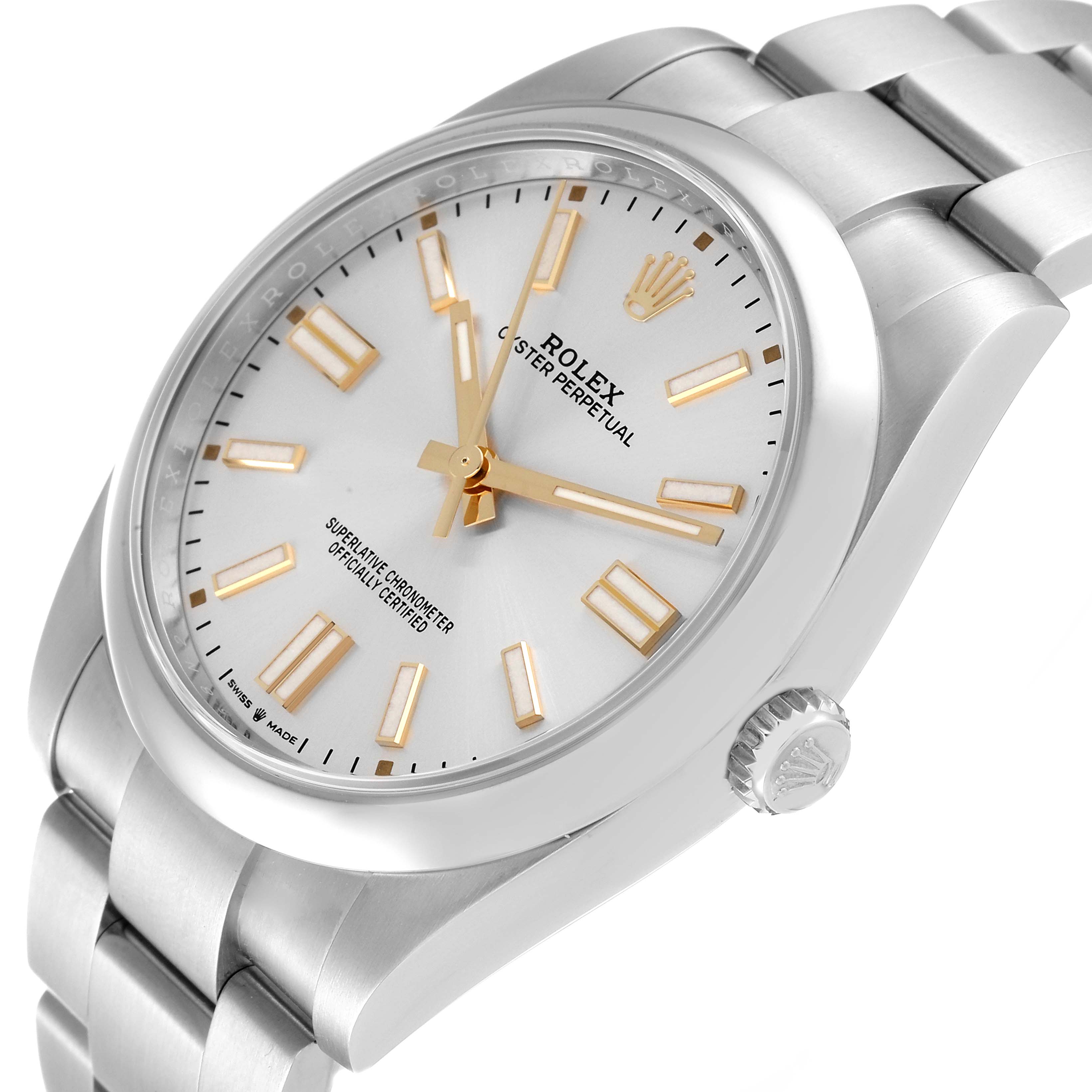 This image shows a Rolex Oyster Perpetual 124300 Men's Stainless Steel Silver Dial 124300 Men's Stainless Steel Silver Dial watch at an angled close-up, highlighting the dial, crown, and bracelet.