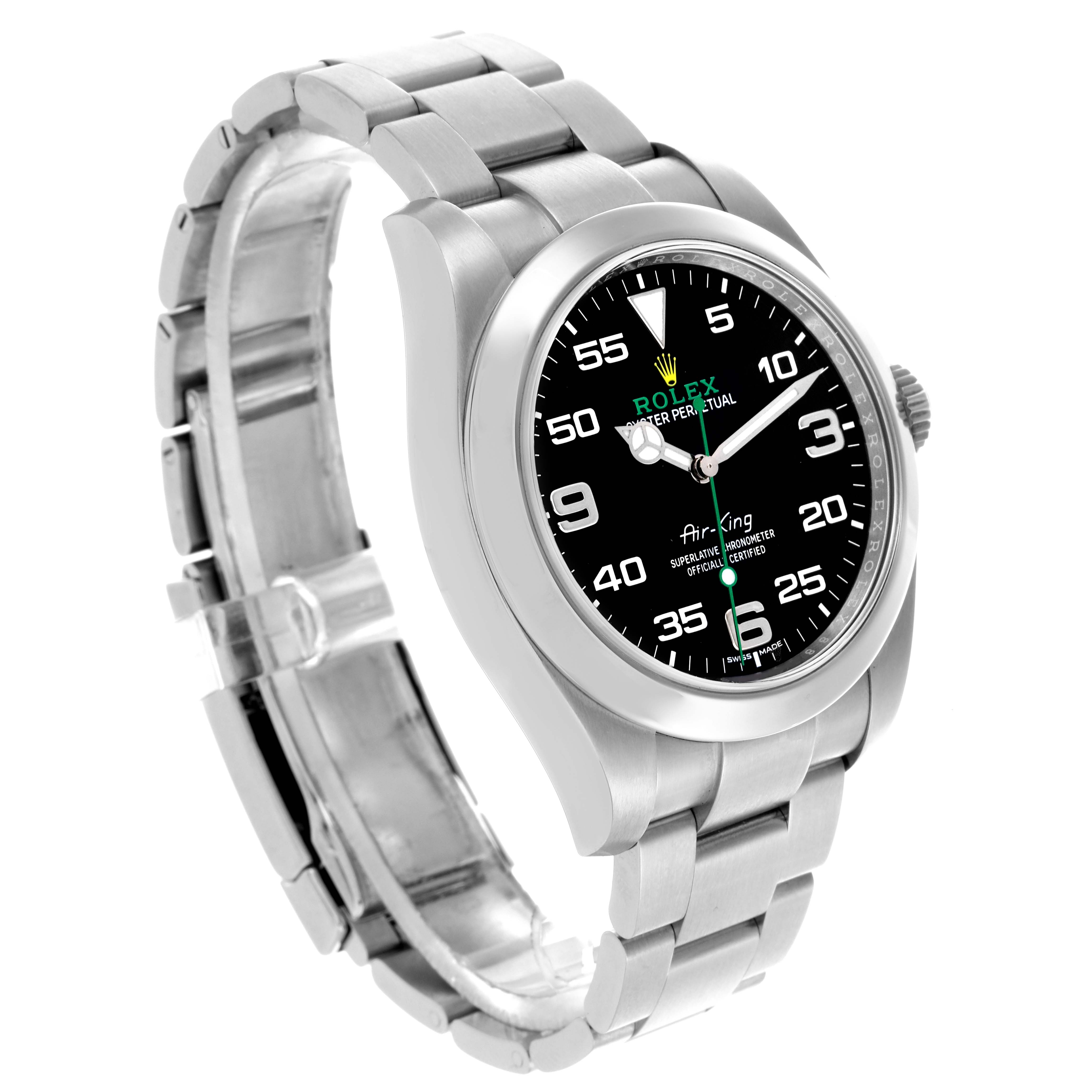 The Rolex Air-King 116900 Men's Stainless Steel Black Dial 116900 Men's Stainless Steel Black Dial watch is shown at an angle that highlights the face, bezel, and part of the bracelet.