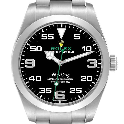 The Rolex Air-King watch is shown from a front angle, displaying the face, bezel, and part of the bracelet.
