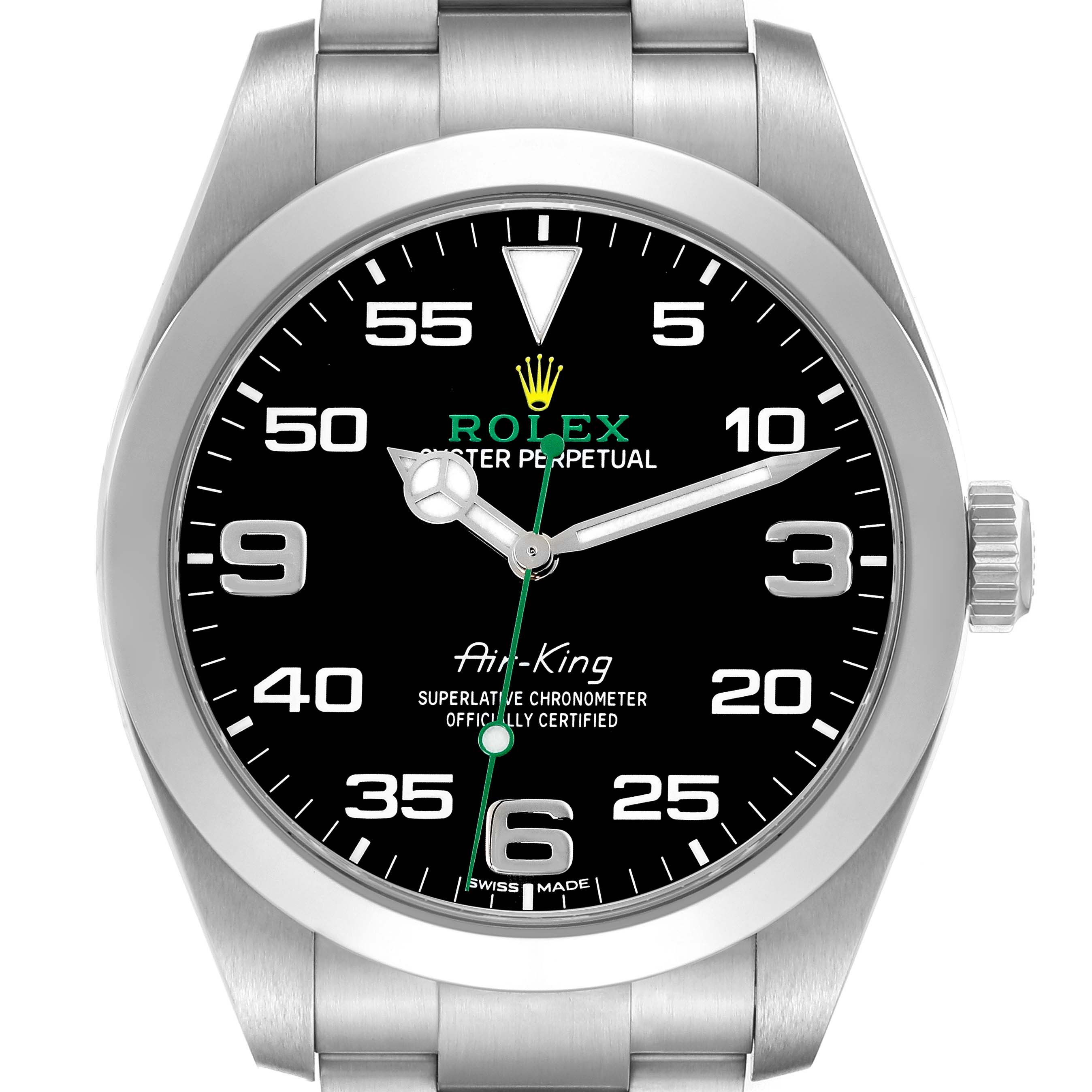 The Rolex Air-King 116900 Men's Stainless Steel Black Dial 116900 Men's Stainless Steel Black Dial watch is shown from a front angle, displaying the dial, hands, bezel, and a portion of the bracelet.