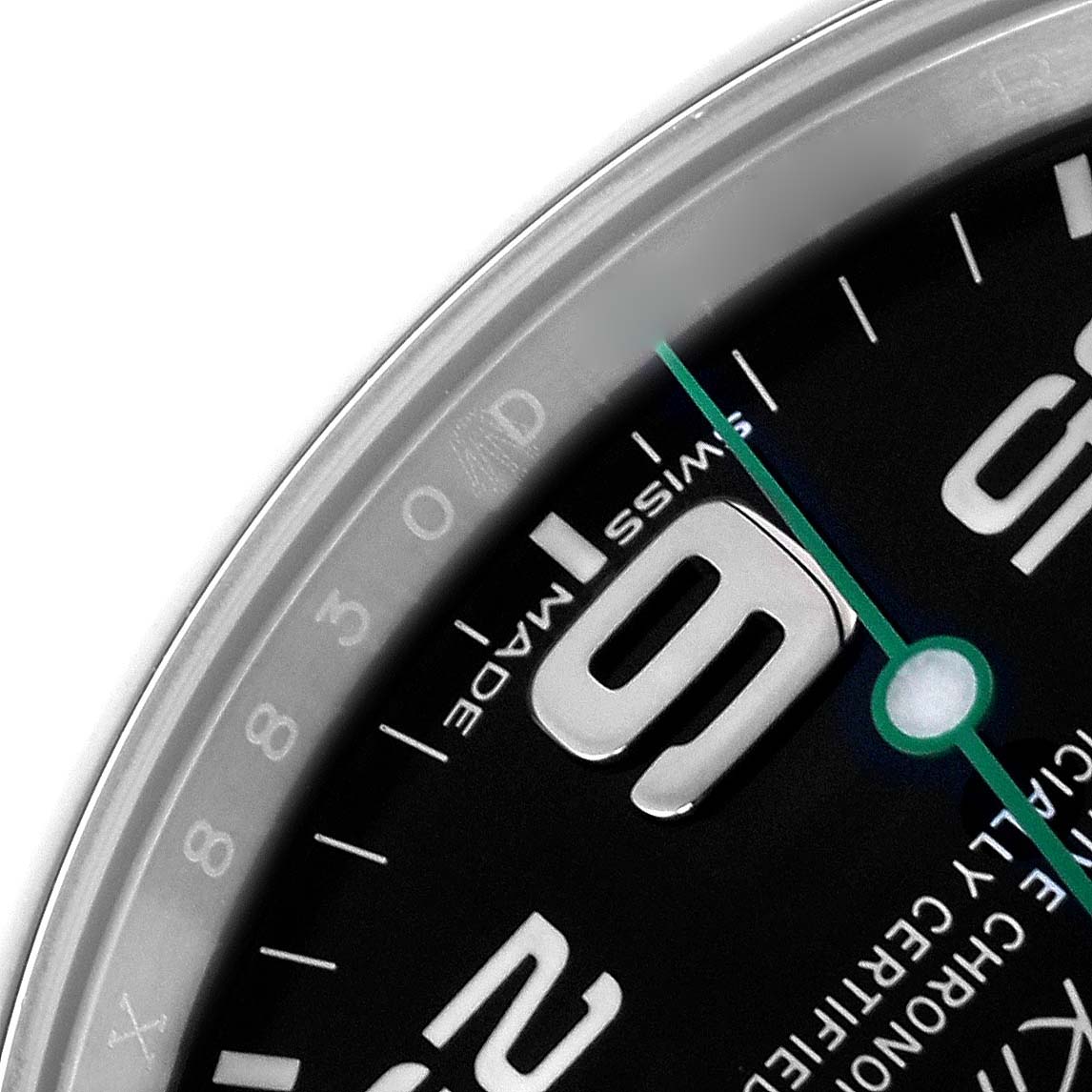 The image shows a partial close-up of the Rolex Air-King 116900 Men's Stainless Steel Black Dial 116900 Men's Stainless Steel Black Dial watch, focusing on the dial with visible numerals and the watch hands.