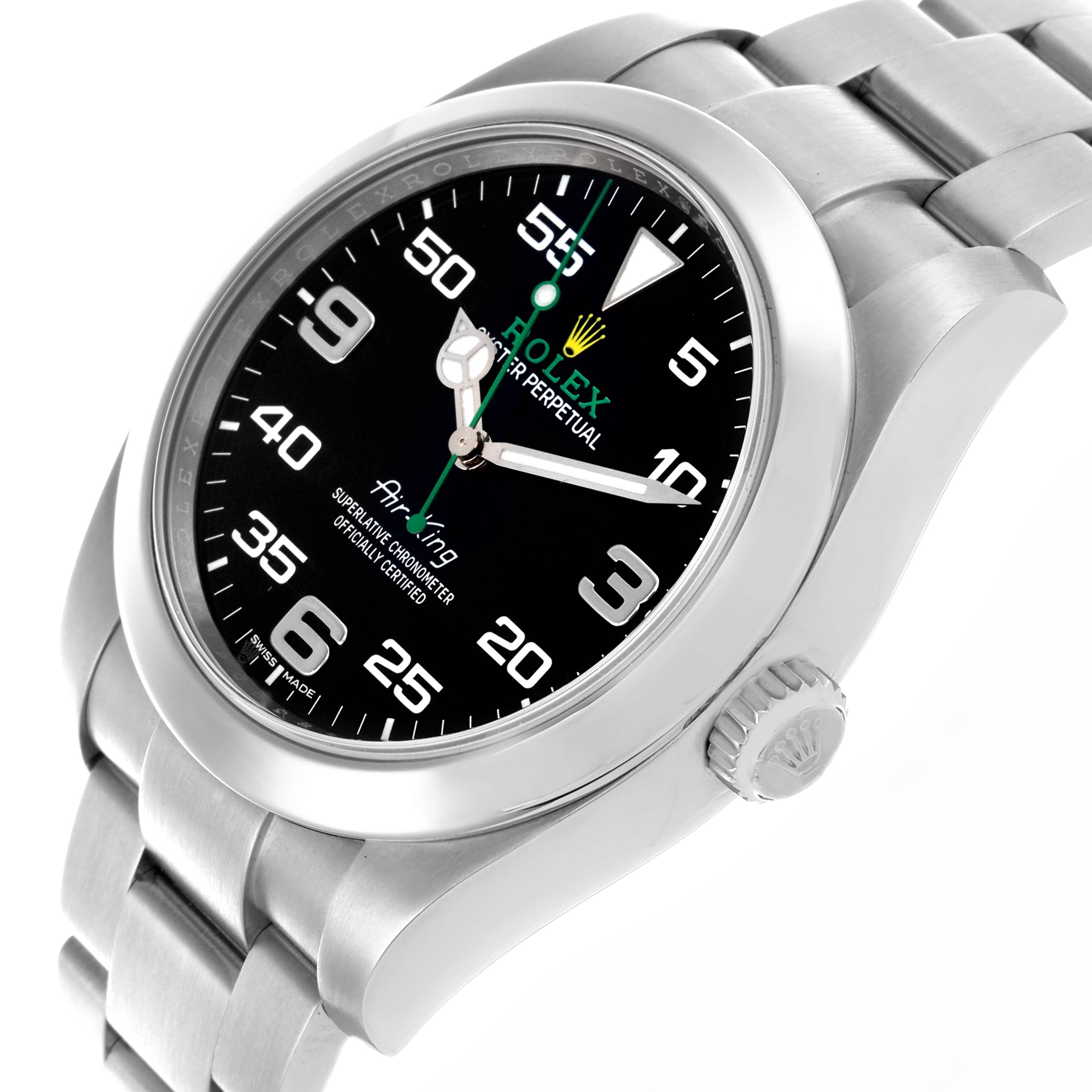 The Rolex Air-King 116900 Men's Stainless Steel Black Dial 116900 Men's Stainless Steel Black Dial watch is shown at an angled view, highlighting the dial, crown, and bracelet.