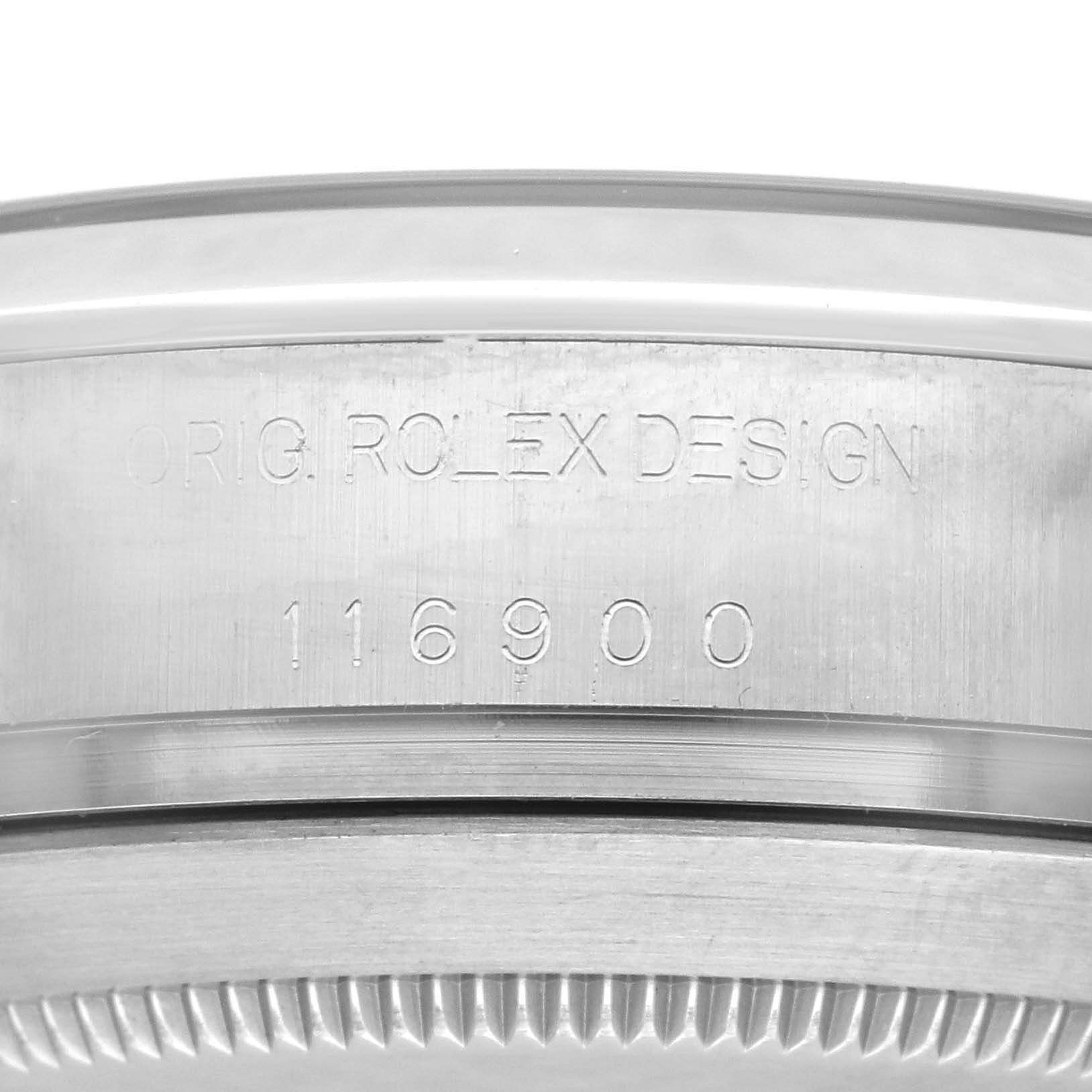 The image shows a close-up of the side of a Rolex Air-King 116900 Men's Stainless Steel Black Dial 116900 Men's Stainless Steel Black Dial watch, featuring engraved model details.