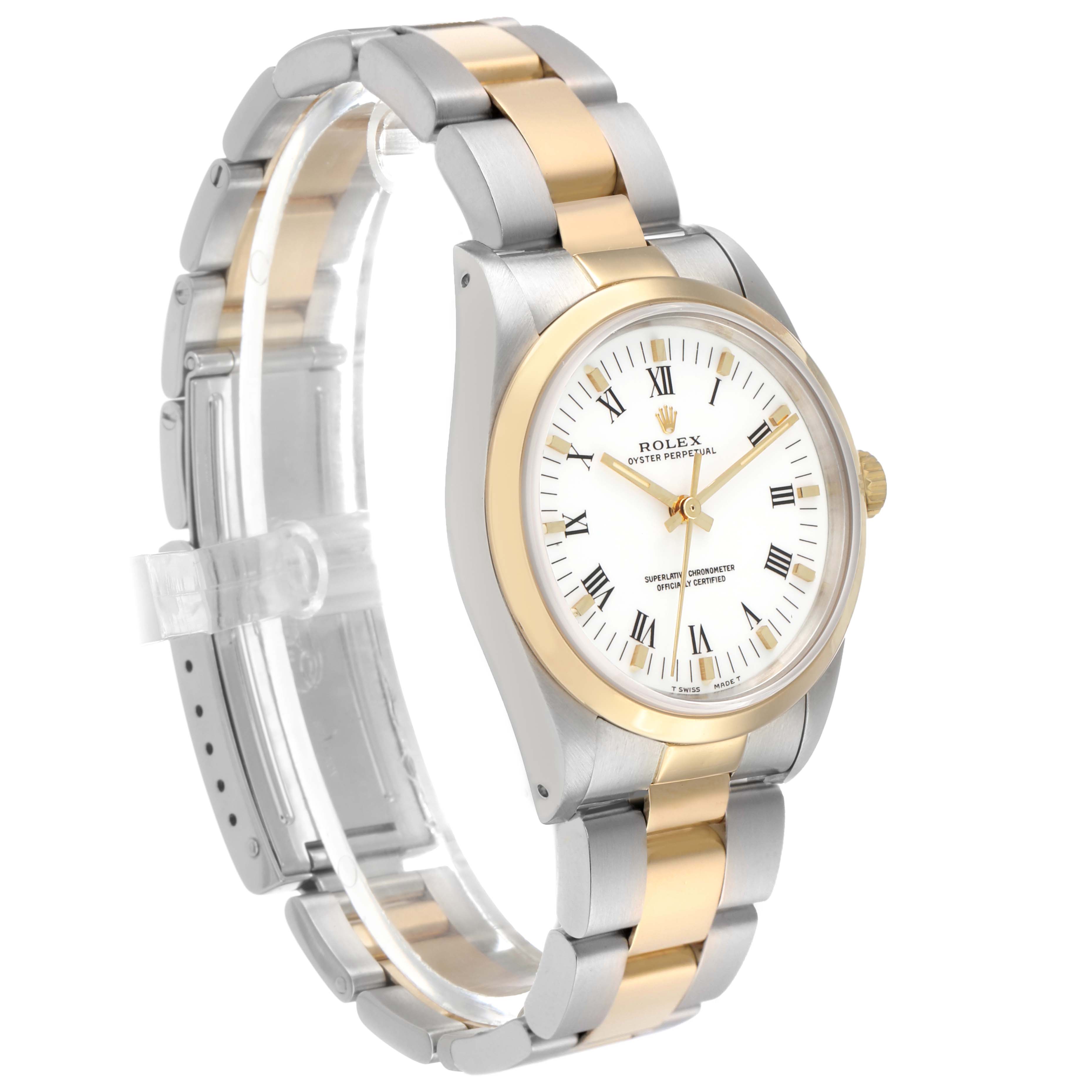 The Rolex Oyster Perpetual 14203 Men's Steel and Gold (two tone) White Dial watch is shown at a slight angle, displaying the face, bezel, case, and part of the bracelet.