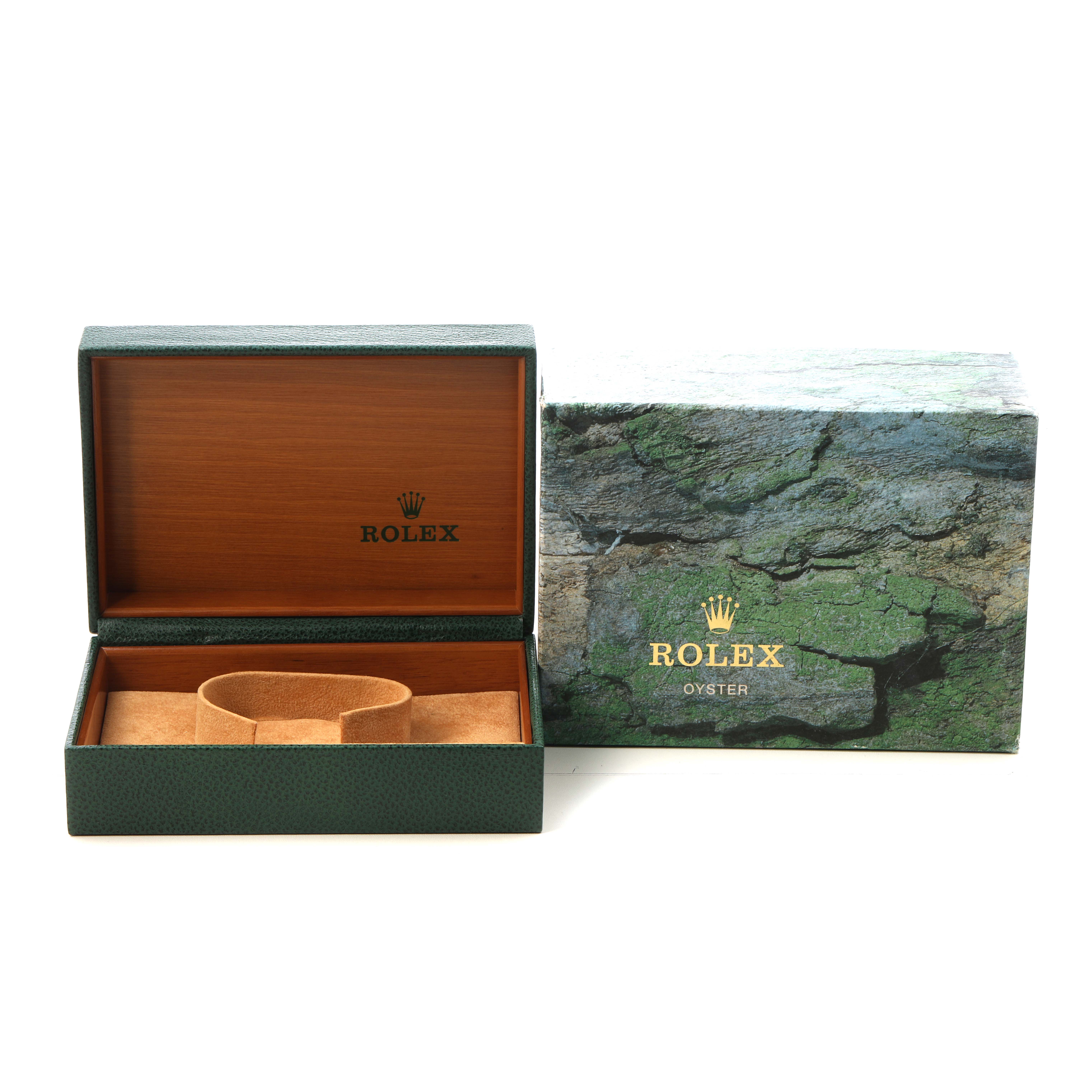 The image shows an open Rolex Oyster Perpetual 14203 Men's Steel and Gold (two tone) White Dial watch box with a cushioned interior, alongside its decorative outer box.