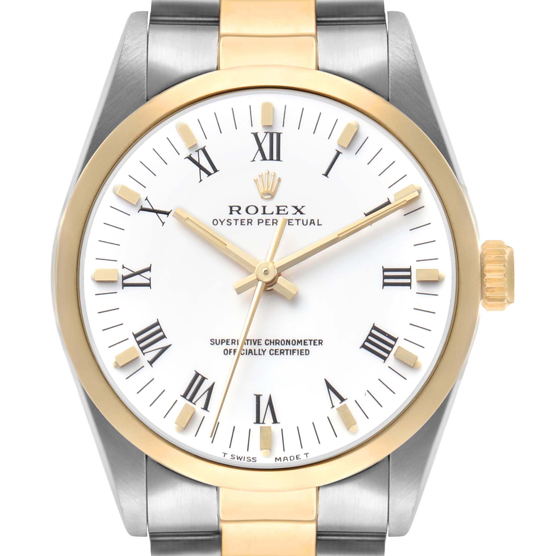 The Rolex Oyster Perpetual 14203 Men's Steel and Gold (two tone) White Dial watch is shown from a front angle, highlighting its dial, bezel, crown, and bracelet.