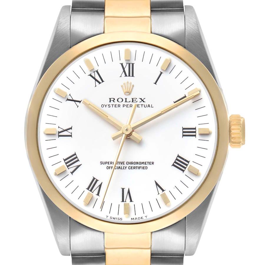 The Rolex Oyster Perpetual 14203 Men's Steel and Gold (two tone) White Dial watch is shown from a front angle, highlighting its dial, bezel, crown, and bracelet.