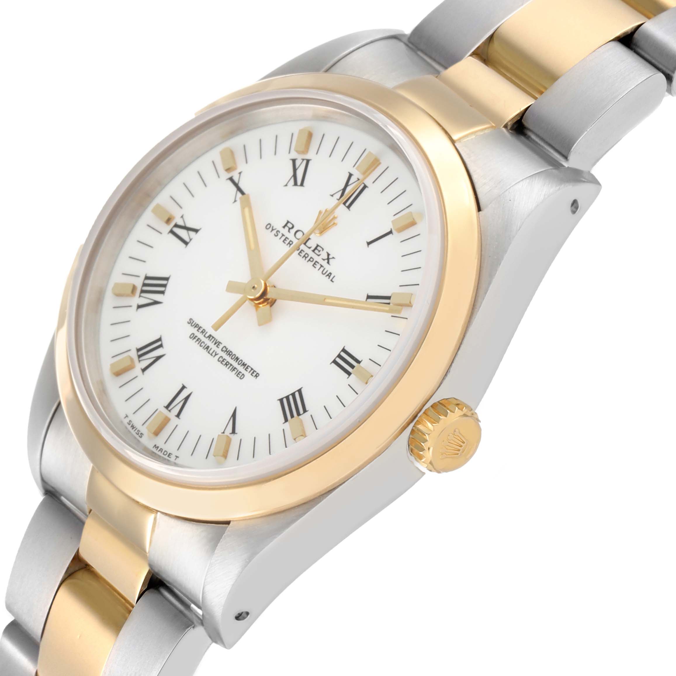 The Rolex Oyster Perpetual 14203 Men's Steel and Gold (two tone) White Dial watch is shown at a slight angle, highlighting the bezel, crown, and part of the bracelet.