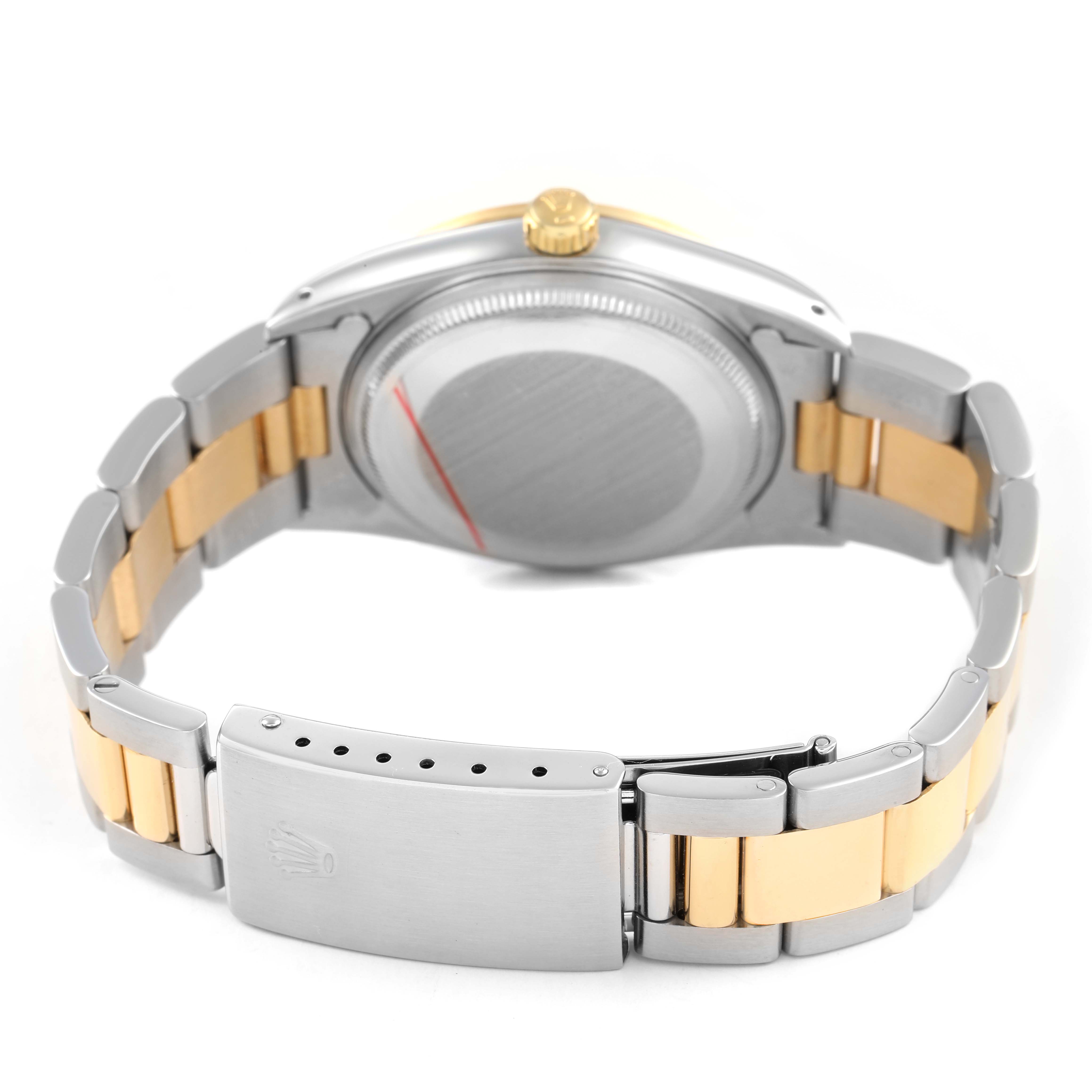 The image shows the back of a Rolex Oyster Perpetual 14203 Men's Steel and Gold (two tone) White Dial watch, highlighting the case back, bracelet, and clasp.