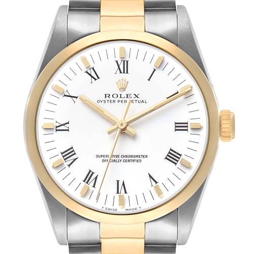 Photo of Rolex Oyster Perpetual White Roman Dial Steel Yellow Gold Mens Watch 14203