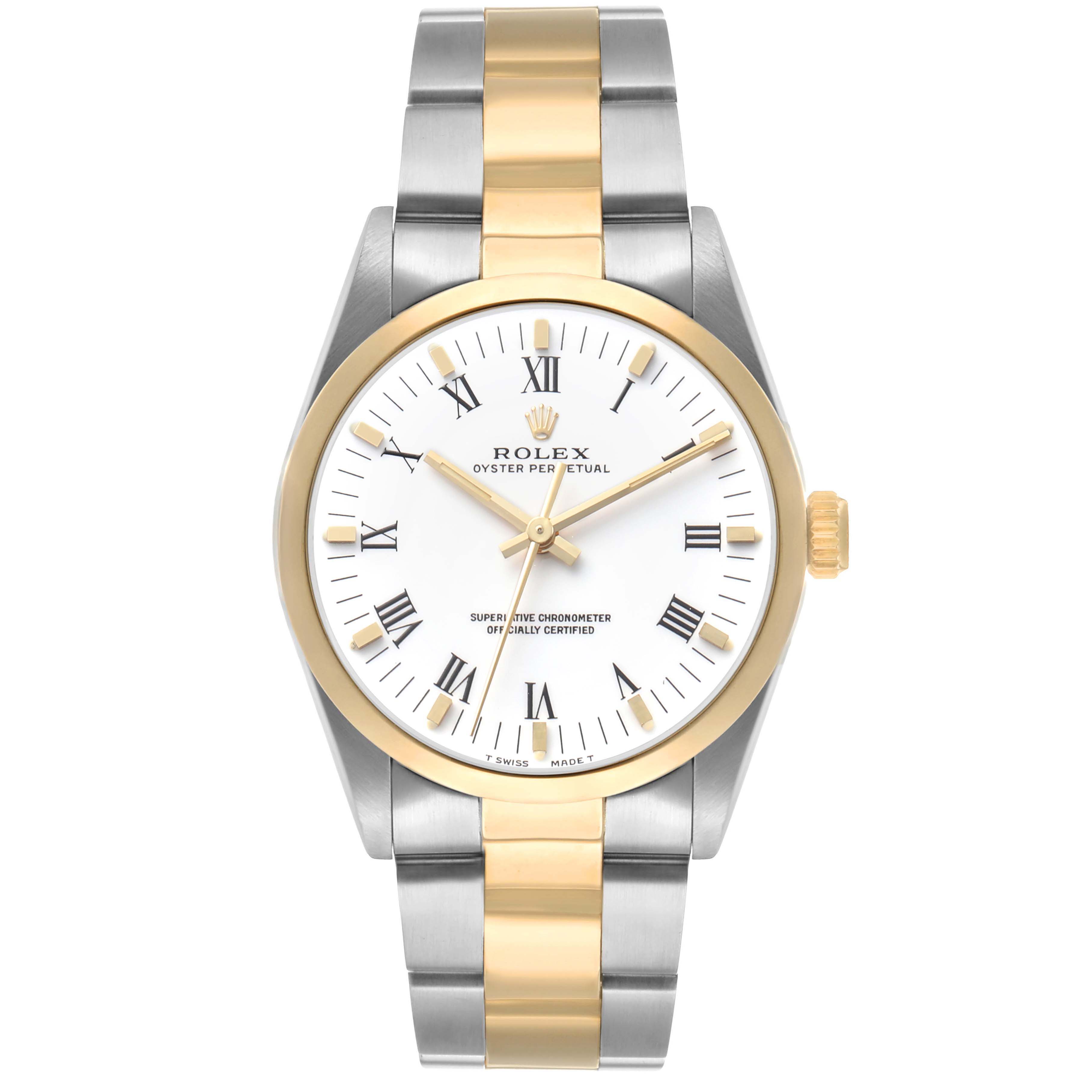The Rolex Oyster Perpetual 14203 Men's Steel and Gold (two tone) White Dial watch is shown from a top-down angle, highlighting the dial and two-tone bracelet.