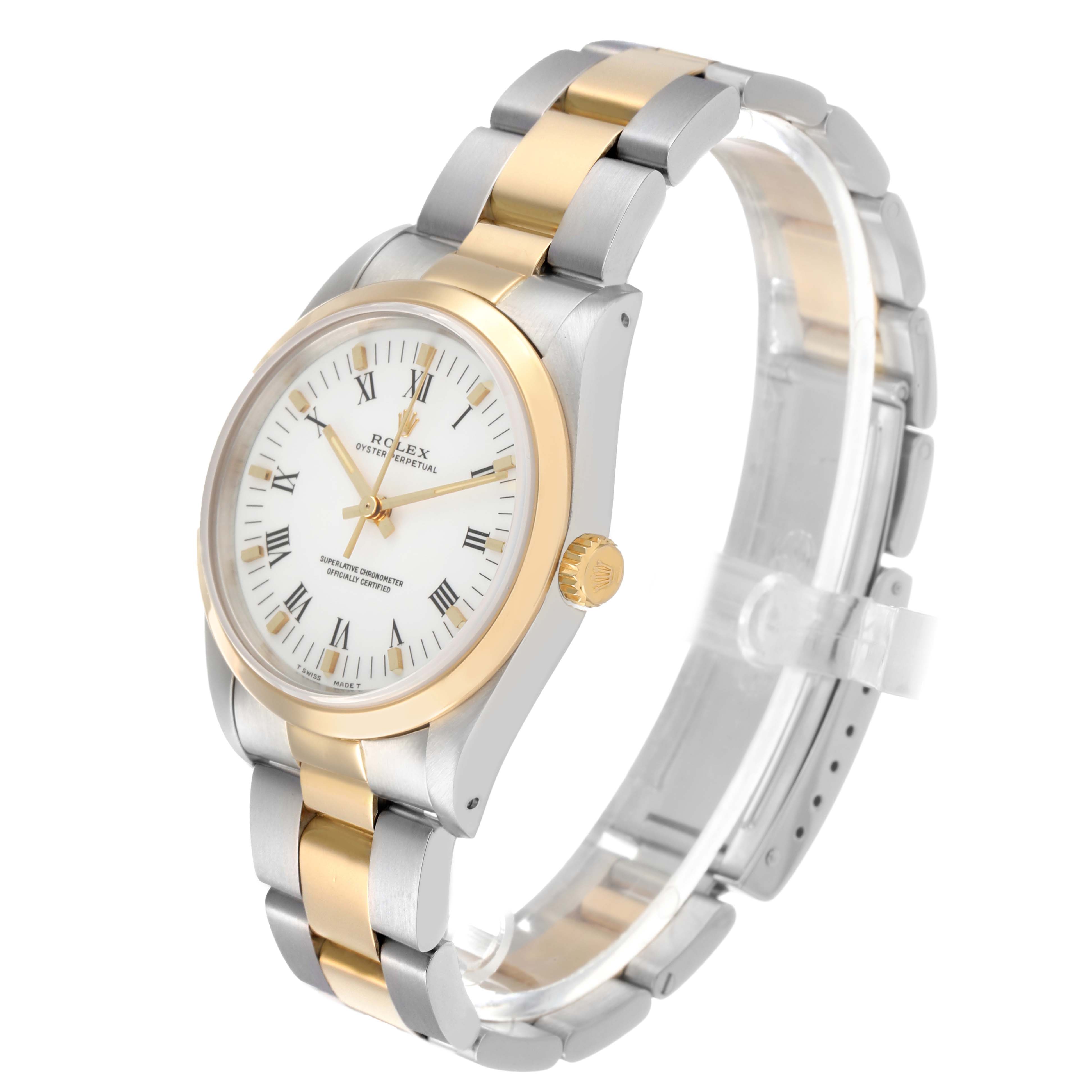 The Rolex Oyster Perpetual 14203 Men's Steel and Gold (two tone) White Dial watch is shown at a three-quarter angle, highlighting the dial, bezel, and two-tone bracelet.