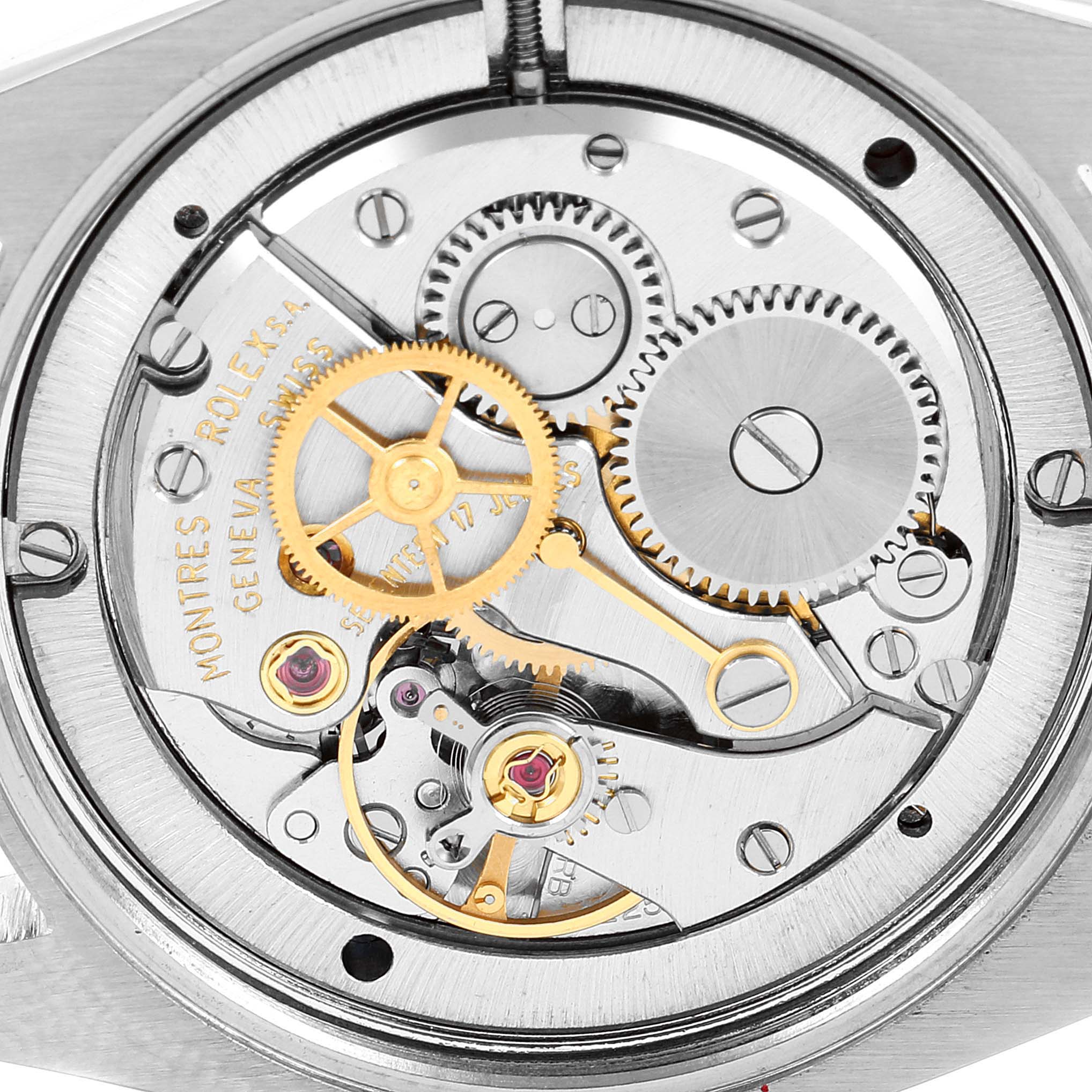 This image shows the inner mechanism and gears of a Rolex Date 6694 Men's Stainless Steel Silver Dial 6694 Men's Stainless Steel Silver Dial model watch from a top-down angle.