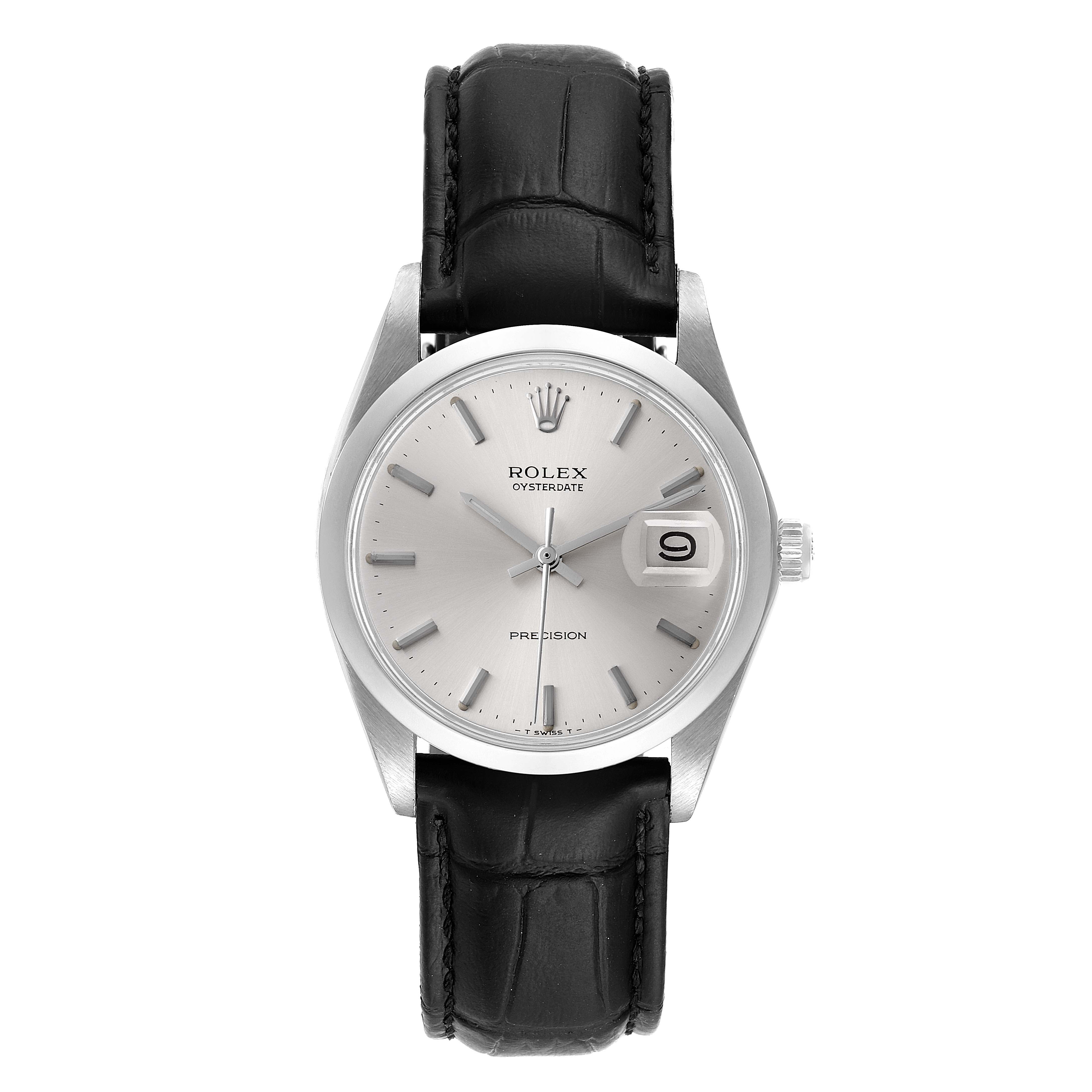This image shows a front view of a Rolex Oysterdate Precision watch with a silver dial and black leather strap.