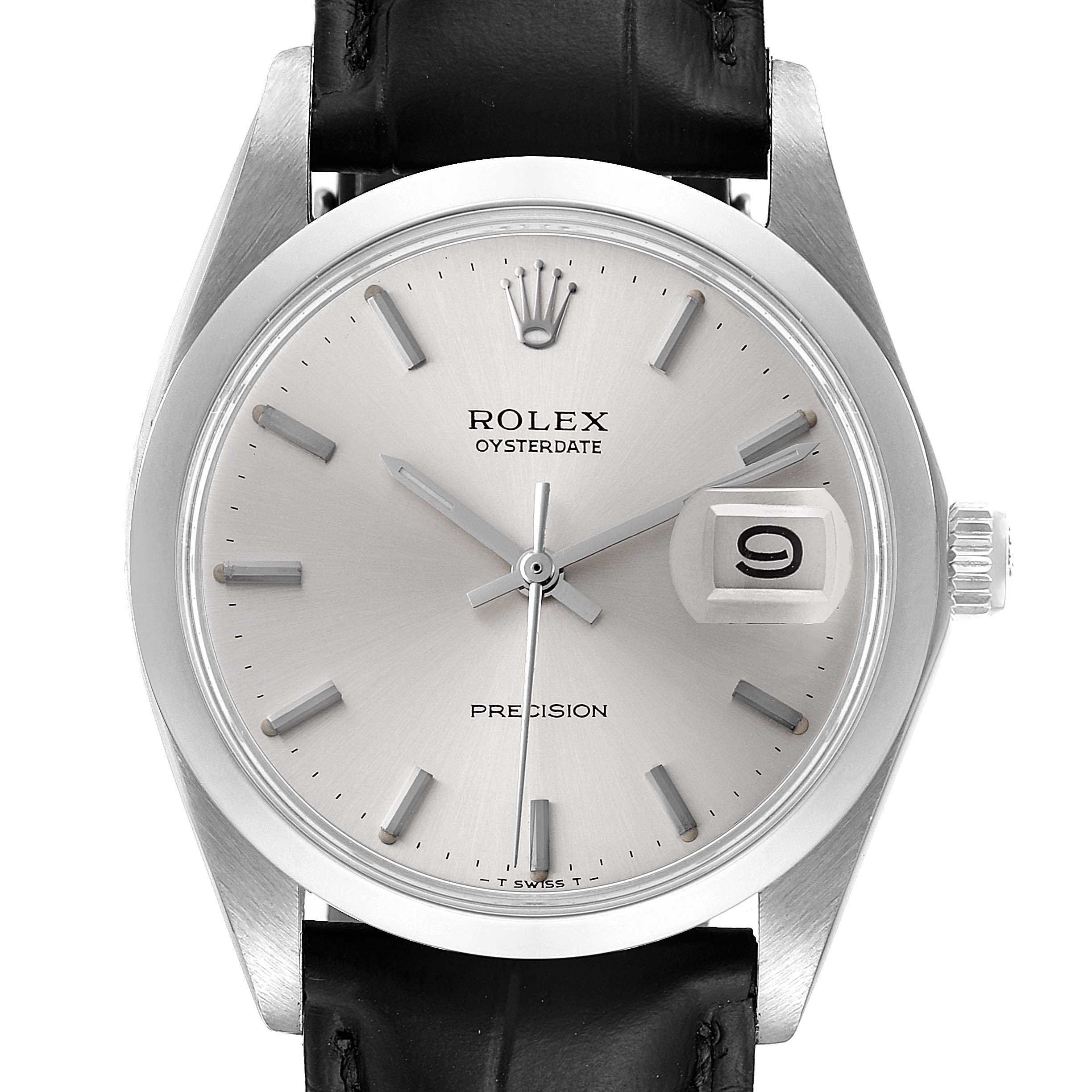 This image shows a front angle view of a Rolex Oysterdate Precision watch, highlighting its dial, hands, crown, and case.