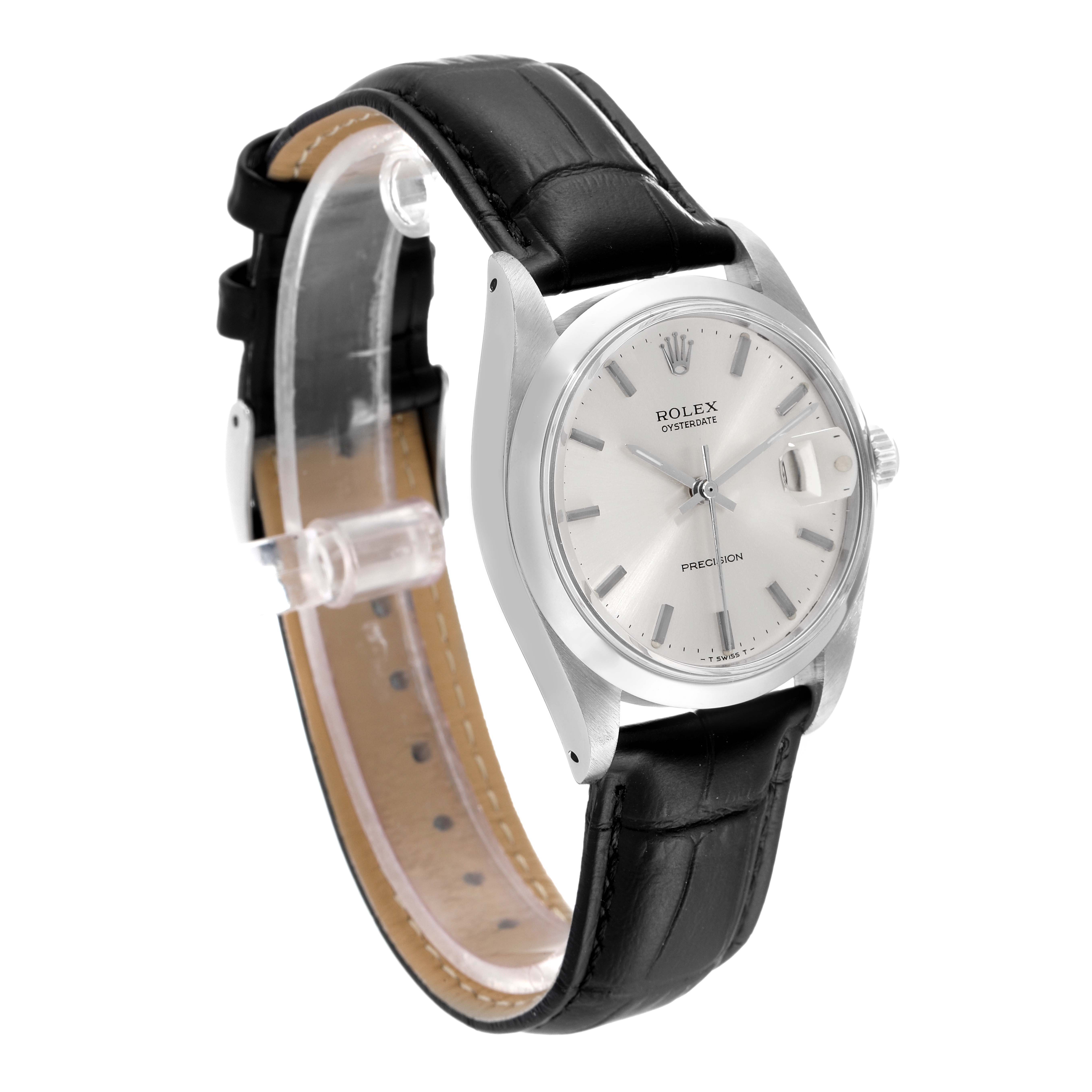 This image shows the Rolex Date 6694 Men's Stainless Steel Silver Dial 6694 Men's Stainless Steel Silver Dial model watch at a three-quarter angle, highlighting the dial, case, and black leather strap.