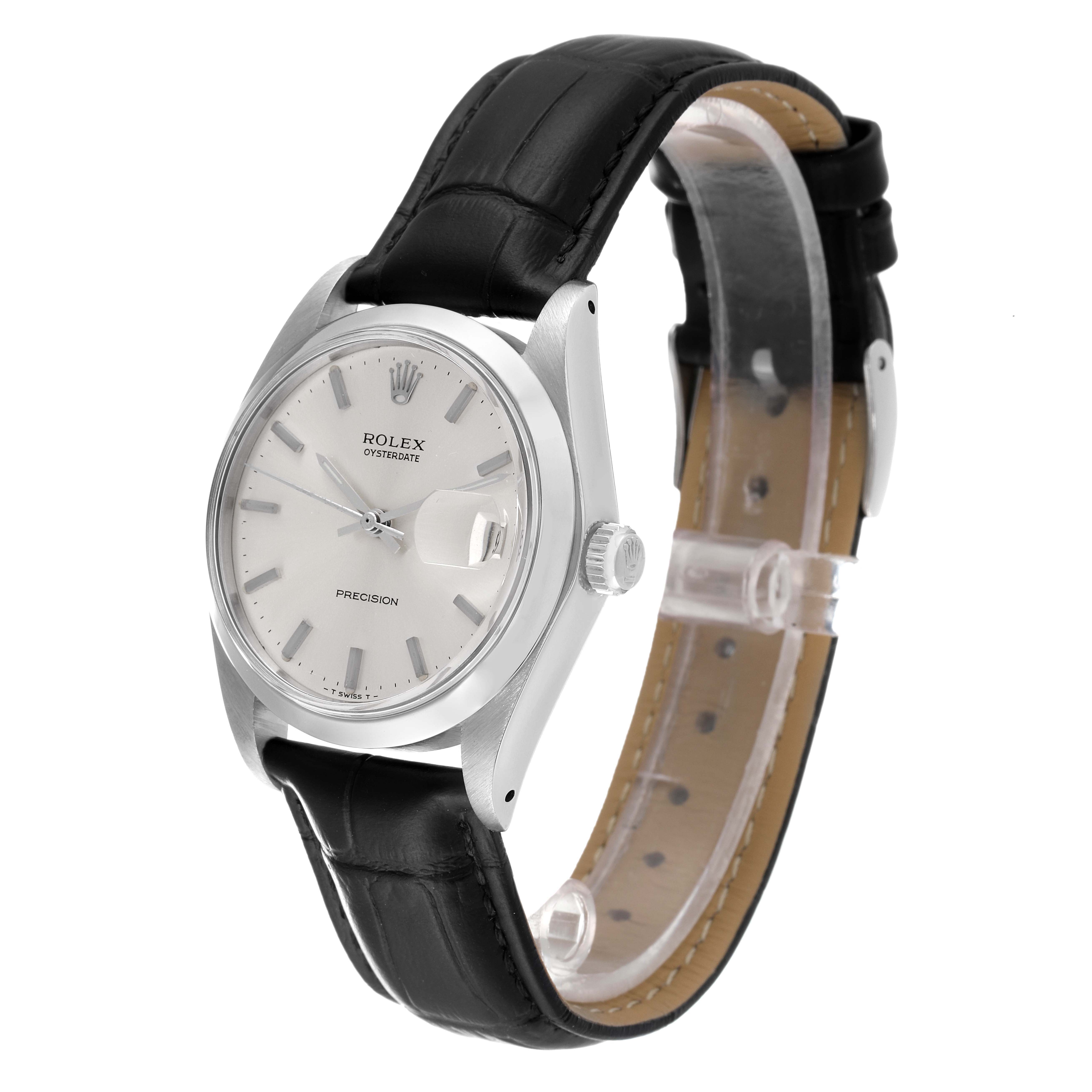 The image shows a Rolex Oysterdate Precision watch at a three-quarter angle, highlighting the dial, crown, case, and leather strap.