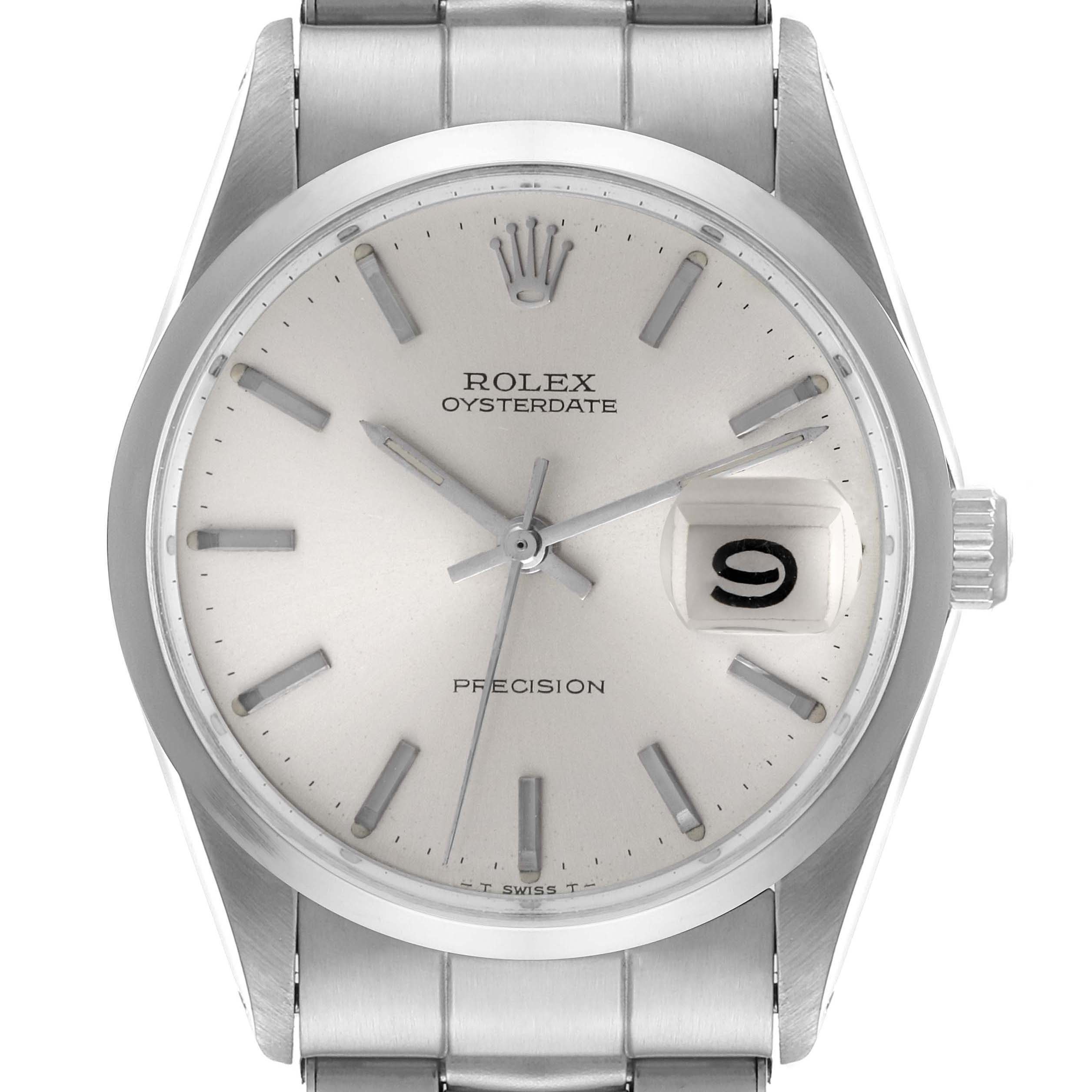 The image shows a front view of the dial and part of the bracelet of a Rolex Vintage Collection 6694 Men's Stainless Steel Silver Dial 6694 Men's Stainless Steel Silver Dial Oysterdate Precision watch.