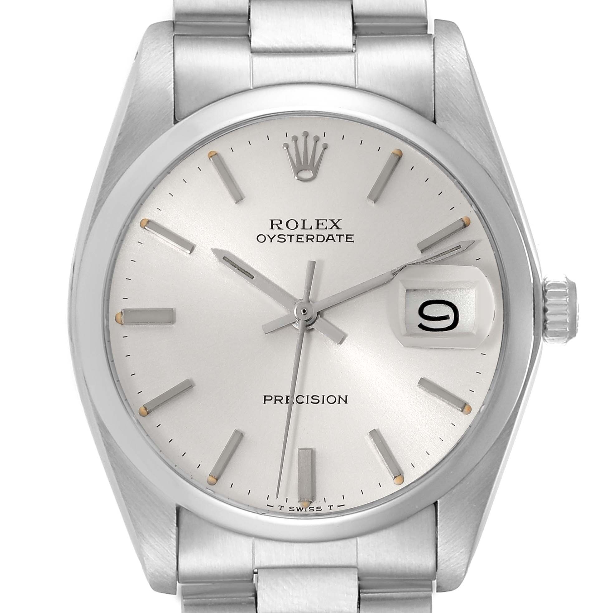 The image shows a front view of the Rolex Vintage Collection 6694 Men's Stainless Steel Silver Dial 6694 Men's Stainless Steel Silver Dial Oysterdate Precision watch, highlighting the dial, date window, and part of the bracelet.
