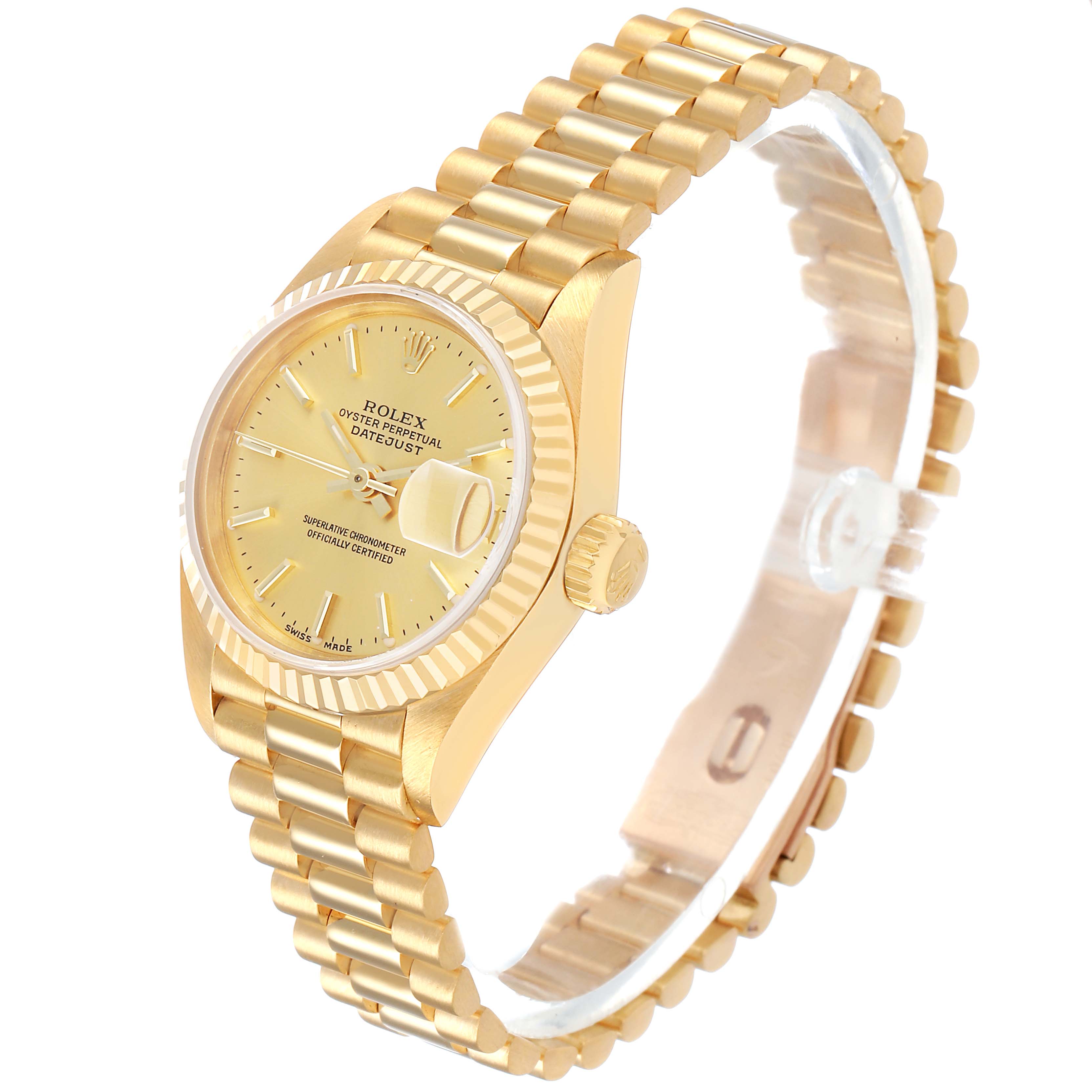The Rolex President 69178 Women's Yellow Gold Champagne Dial model watch is shown at an angle displaying the face, fluted bezel, crown, and bracelet.
