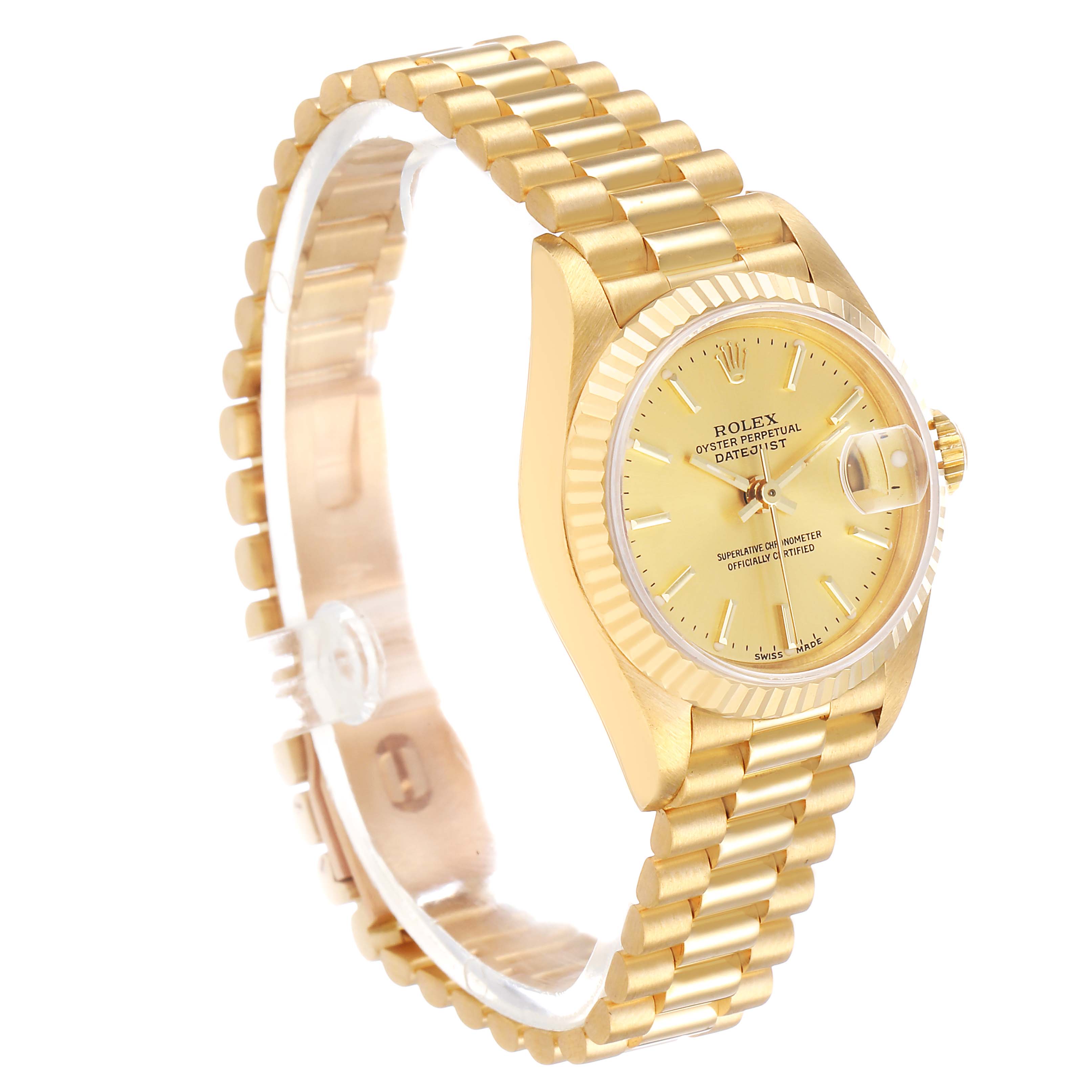 The Rolex President 69178 Women's Yellow Gold Champagne Dial model watch is shown at a three-quarter angle, highlighting the gold case, fluted bezel, and President bracelet.