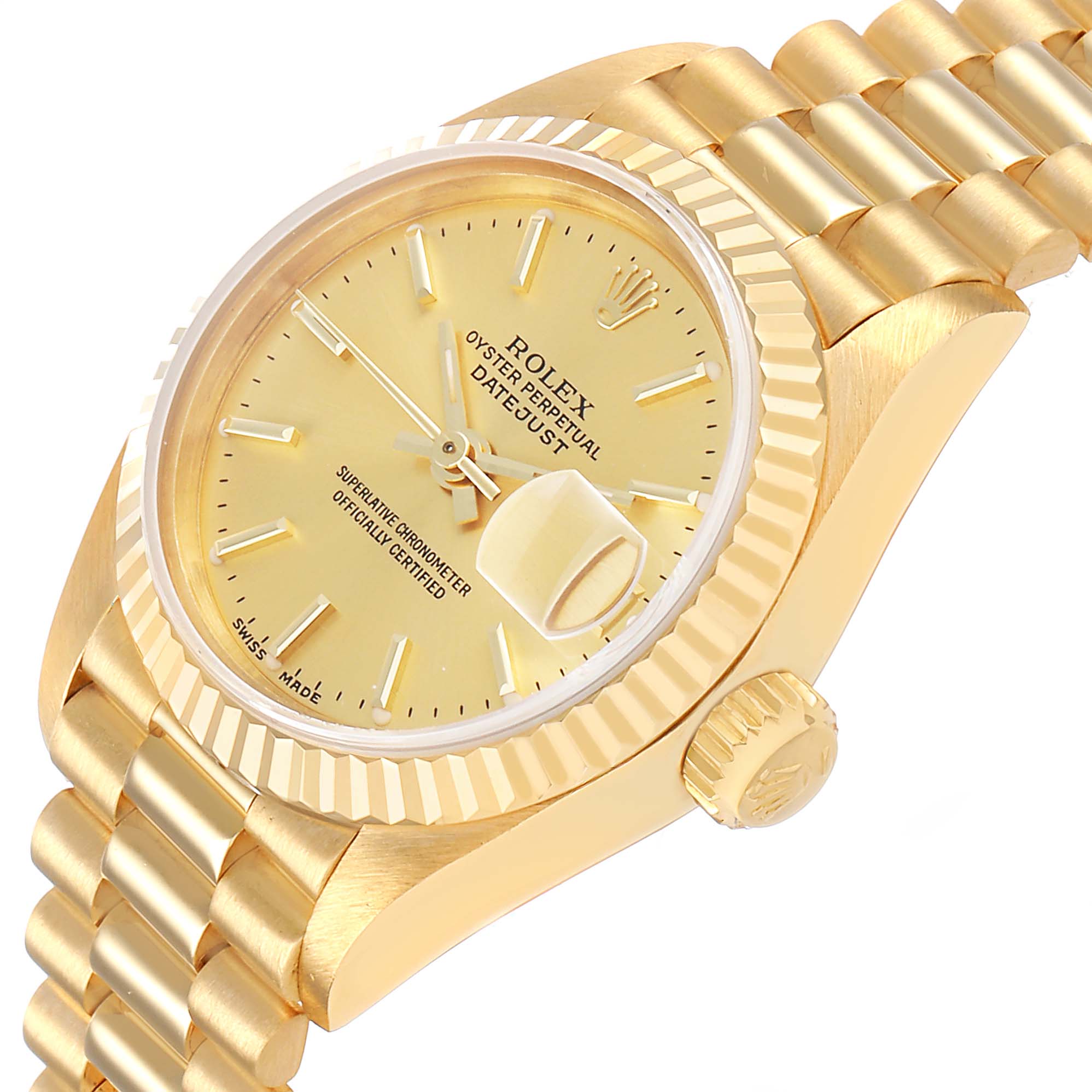 The Rolex President 69178 Women's Yellow Gold Champagne Dial model watch is shown at a slight angle, highlighting its gold case, bracelet, dial, and crown.