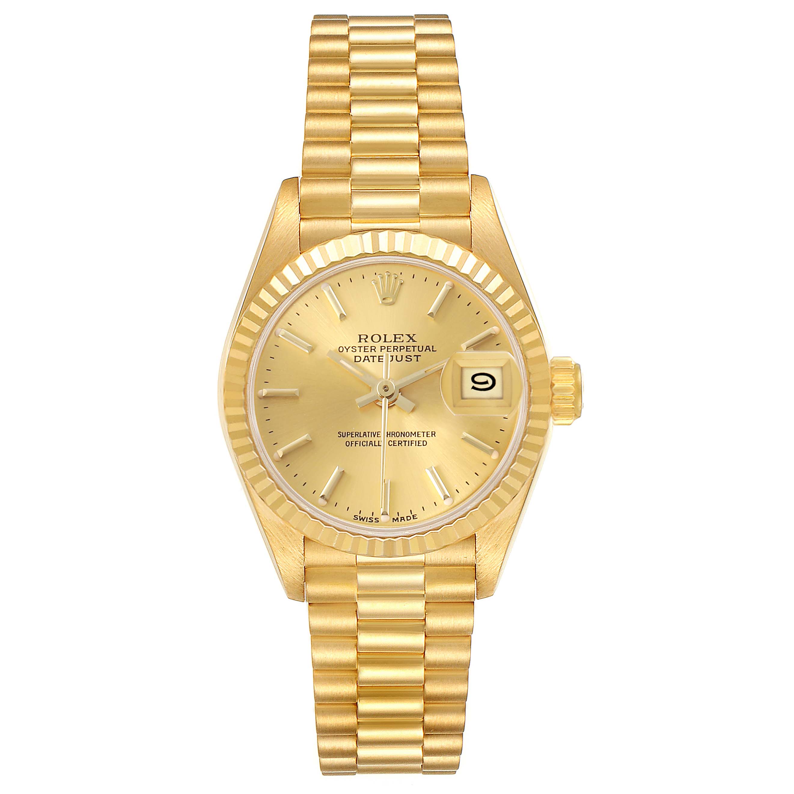 The Rolex President 69178 Women's Yellow Gold Champagne Dial model is shown from the front, highlighting its gold dial, bracelet, and date window.