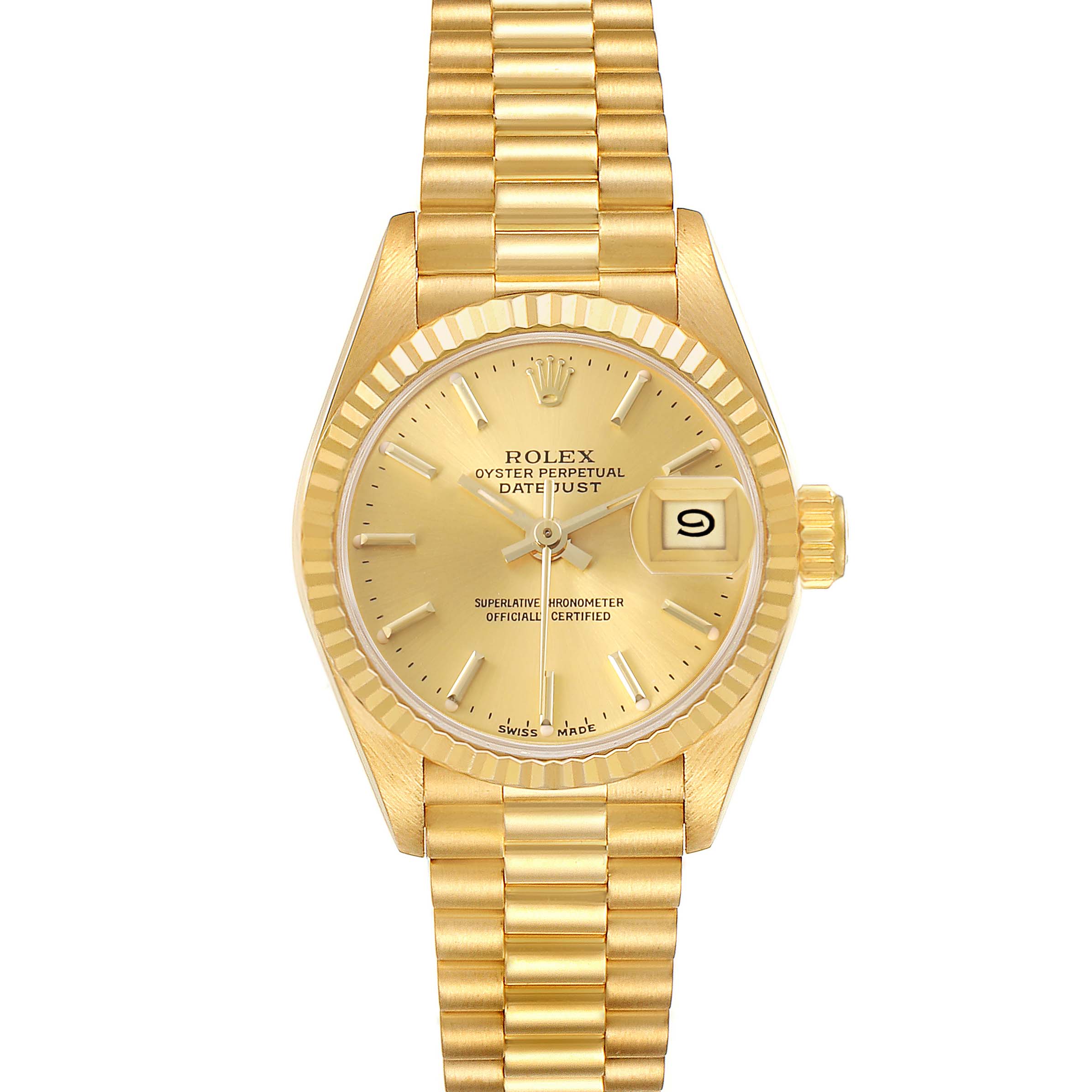 The image shows a Rolex President 69178 Women's Yellow Gold Champagne Dial model watch from a front angle, displaying its gold dial, fluted bezel, and linked bracelet.