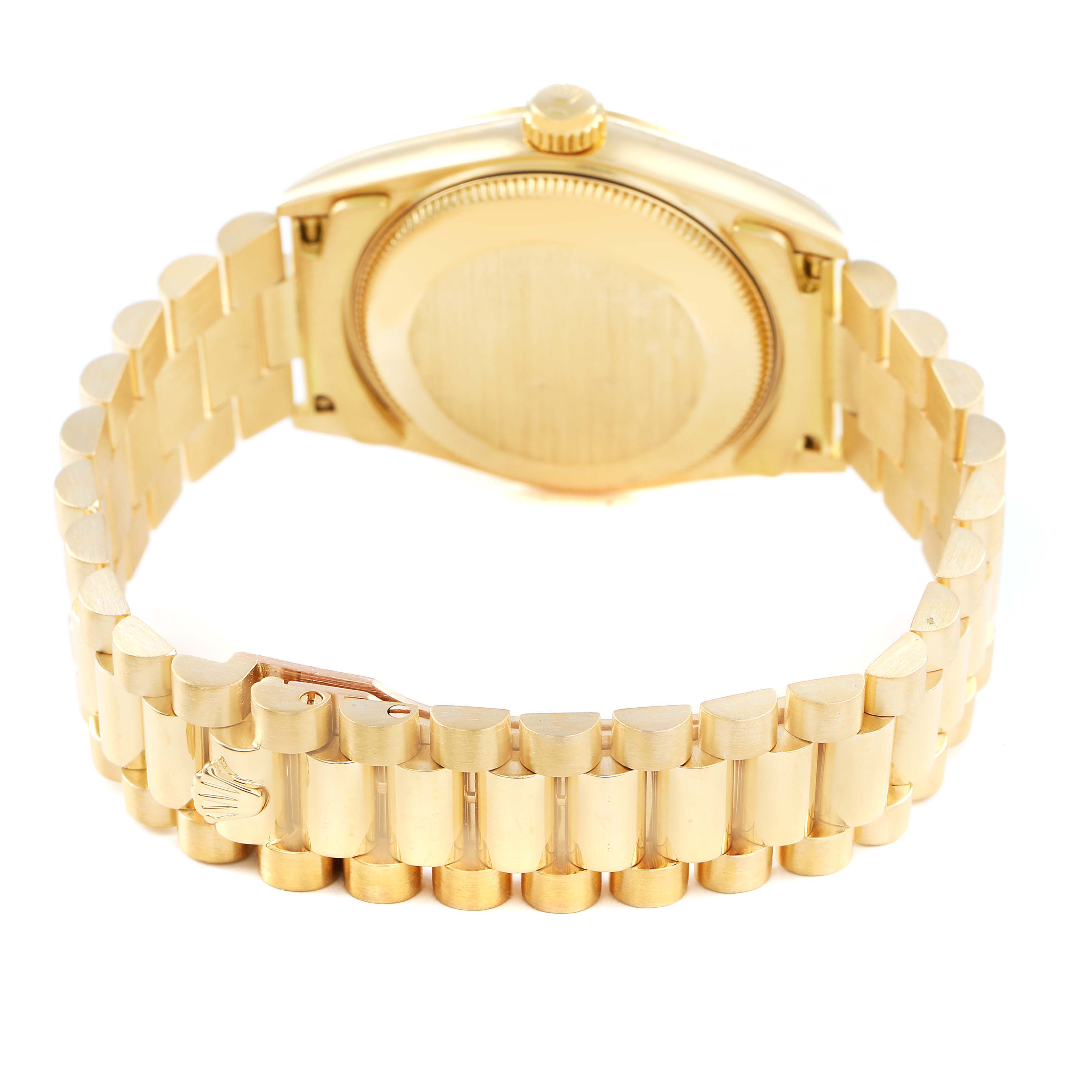 The image shows the back view of the Rolex President 68278 Women's Yellow Gold Black Dial model, highlighting its gold bracelet and clasp with the Rolex emblem.