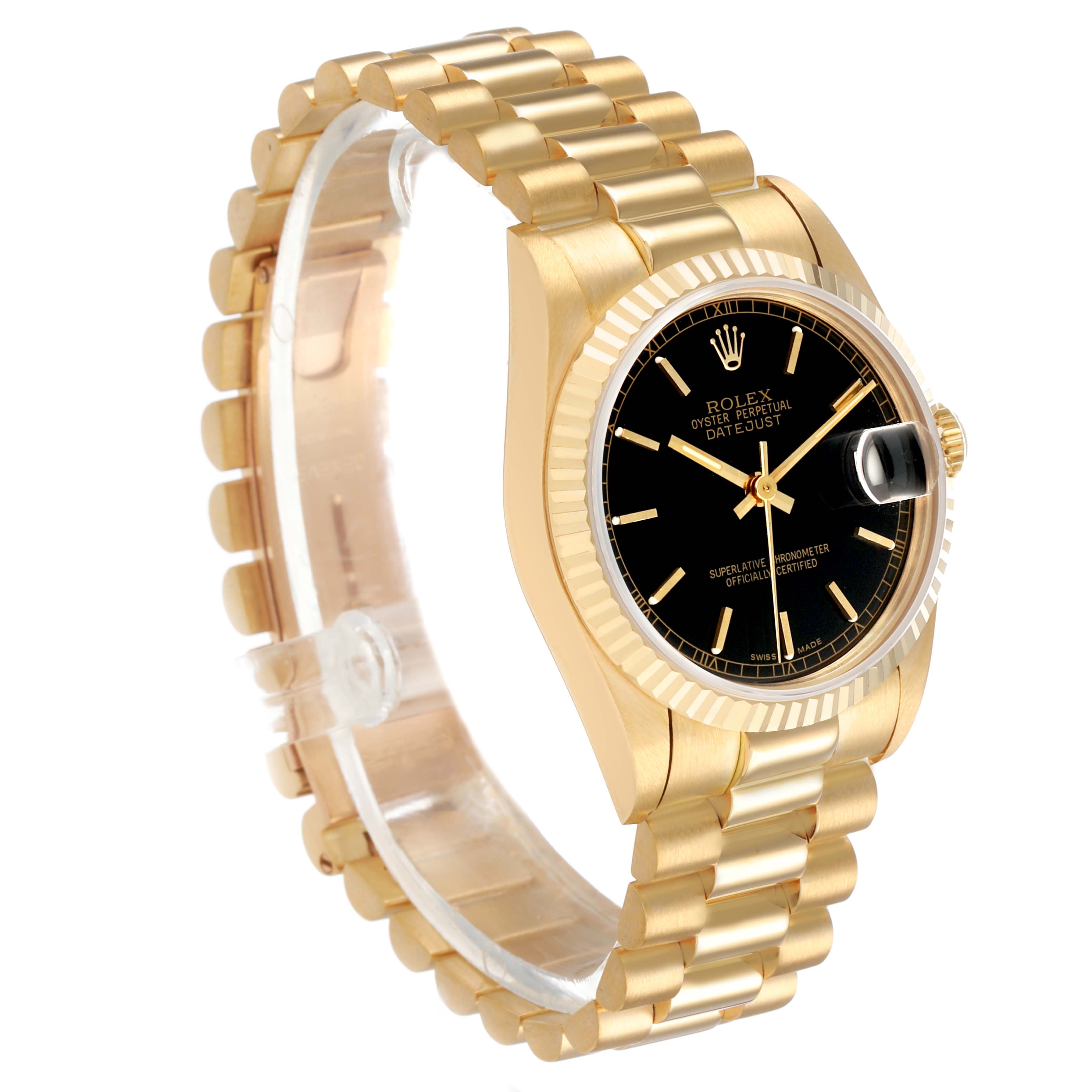 The Rolex President 68278 Women's Yellow Gold Black Dial model is shown at a slight angle, displaying the dial, fluted bezel, bracelet, and date magnifier.