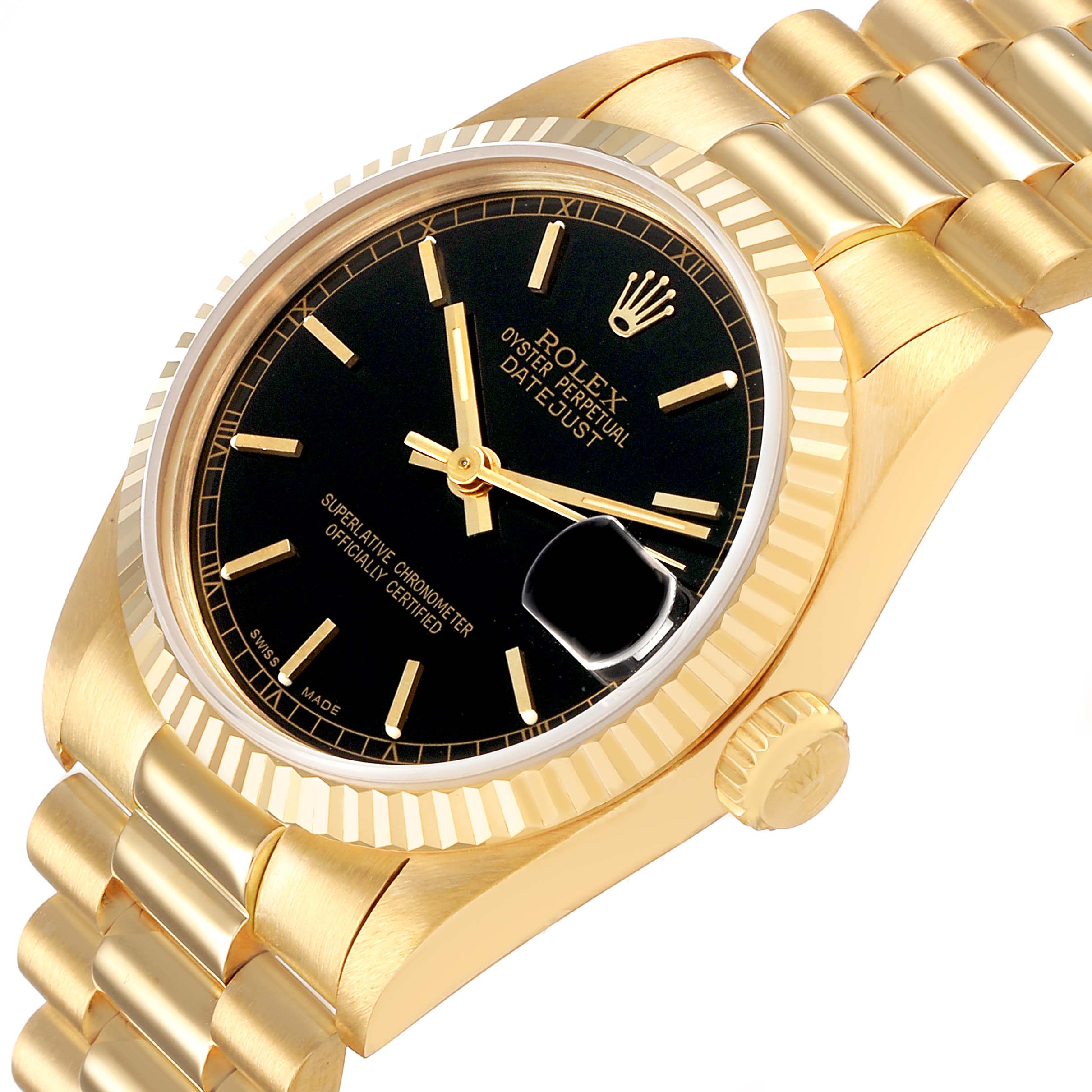 The Rolex President 68278 Women's Yellow Gold Black Dial model is shown at a slightly tilted angle, displaying the bracelet, crown, bezel, and dial clearly.