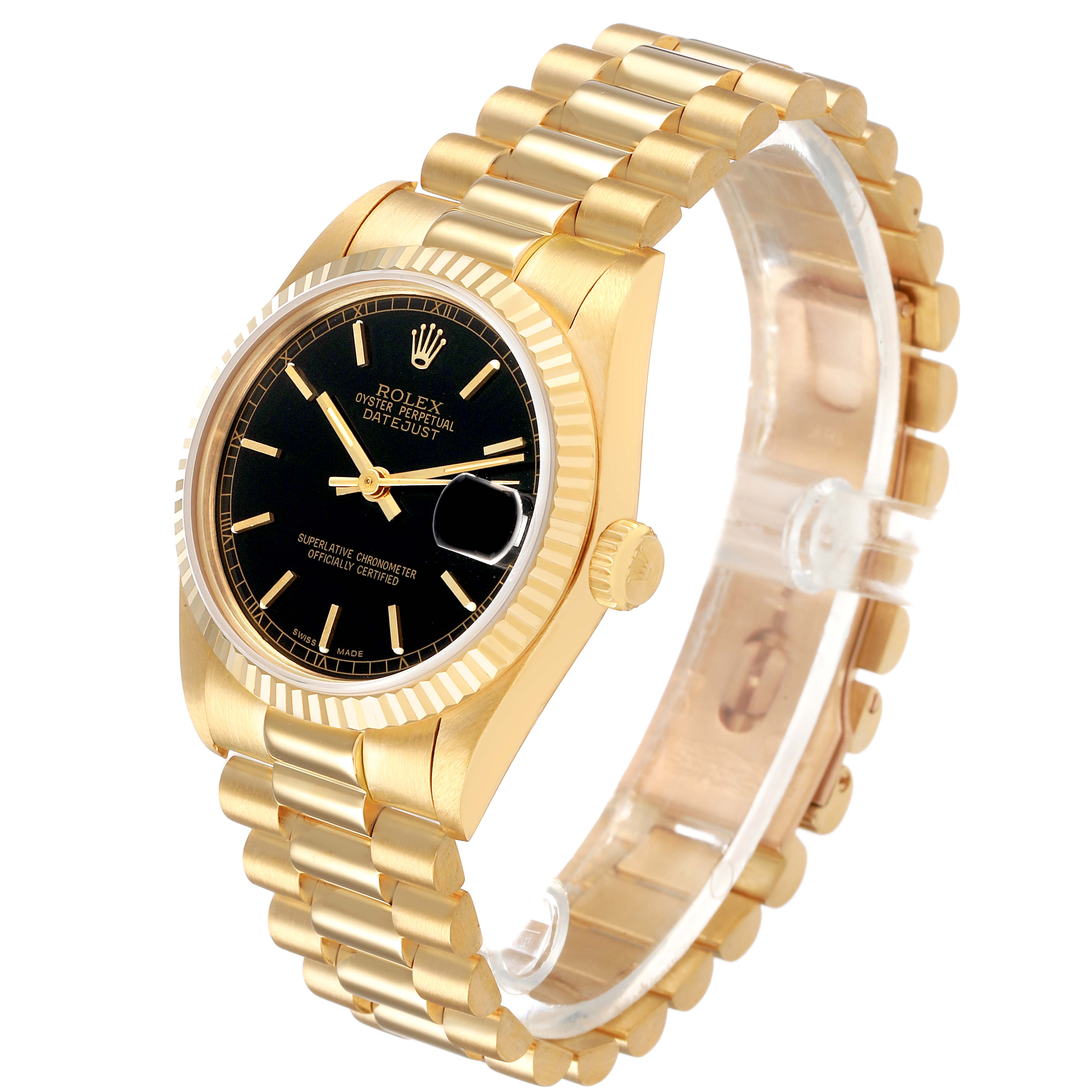 The Rolex President 68278 Women's Yellow Gold Black Dial watch is shown at a slight angle, highlighting the gold bracelet, black dial, and fluted bezel.