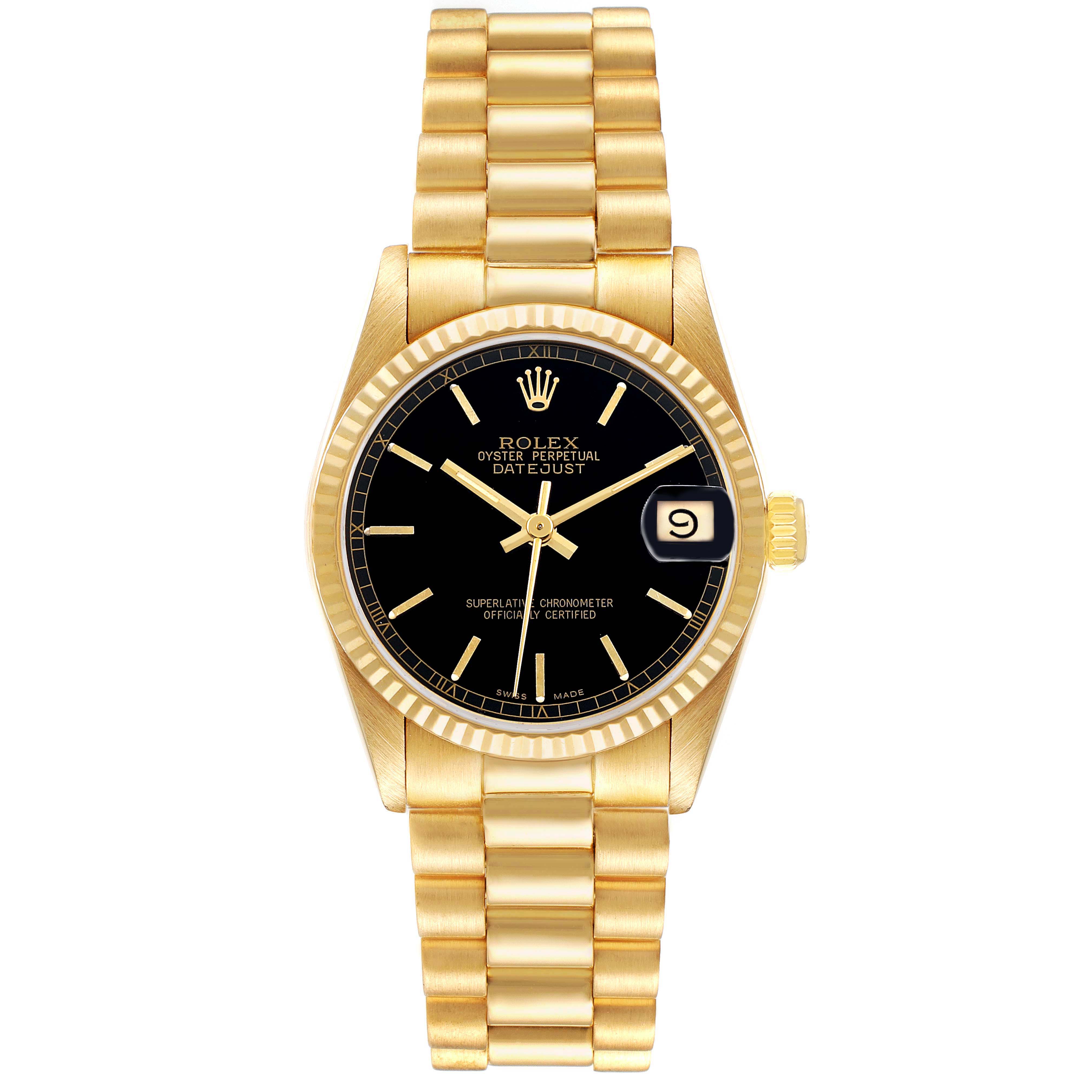 The Rolex President 68278 Women's Yellow Gold Black Dial model is shown from a front angle, displaying its black dial, date, and gold bracelet.