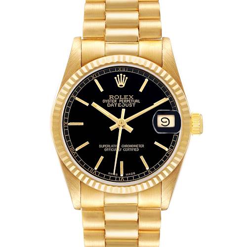 The Rolex President 68278 Women's Yellow Gold Black Dial model is shown from the front, displaying the dial, bezel, bracelet, and crown.