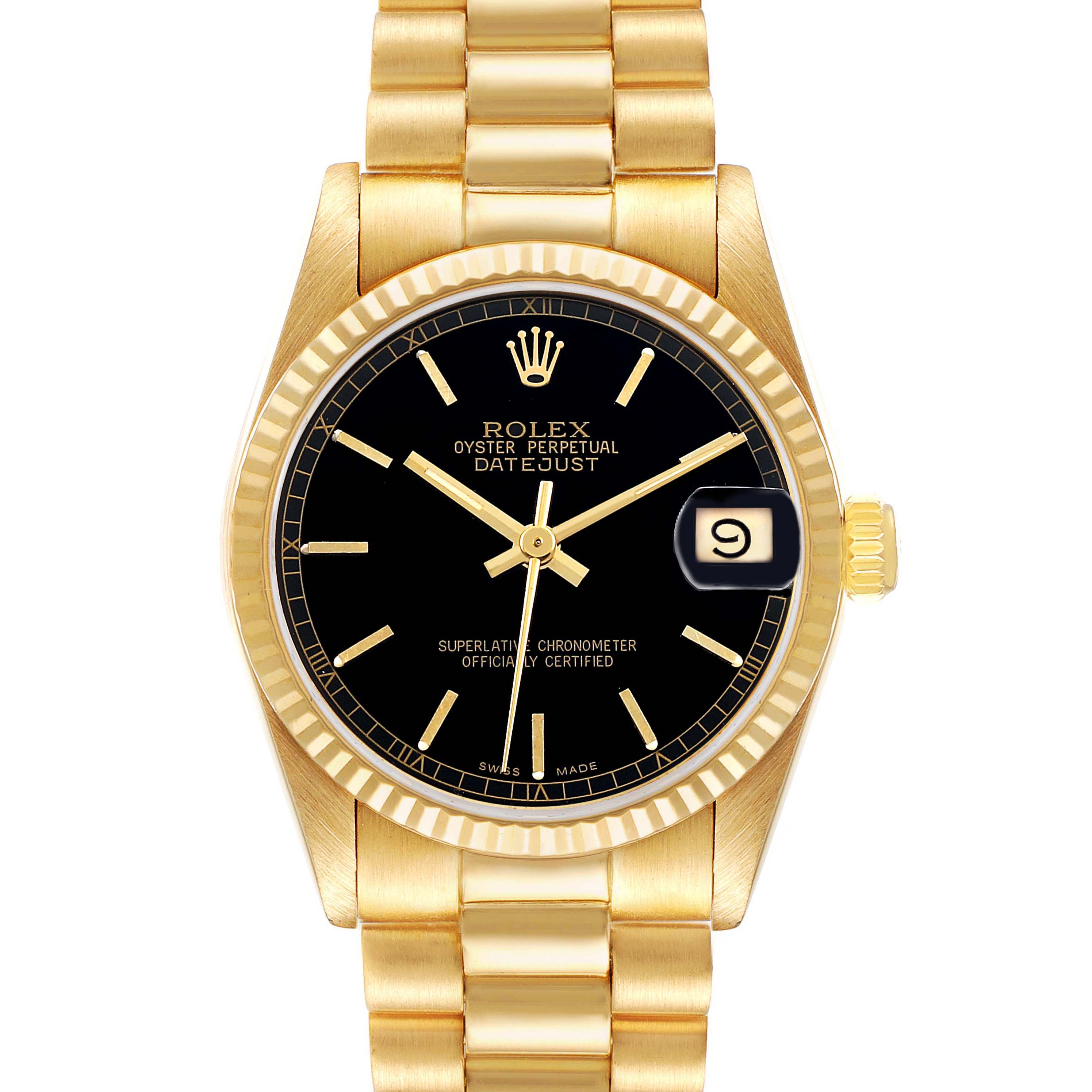 The Rolex President 68278 Women's Yellow Gold Black Dial model is shown from the front, highlighting the black dial, gold hands, bezel, and bracelet.