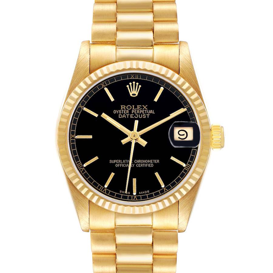 The Rolex President 68278 Women's Yellow Gold Black Dial model is shown from the front, highlighting the black dial, gold hands, bezel, and bracelet.