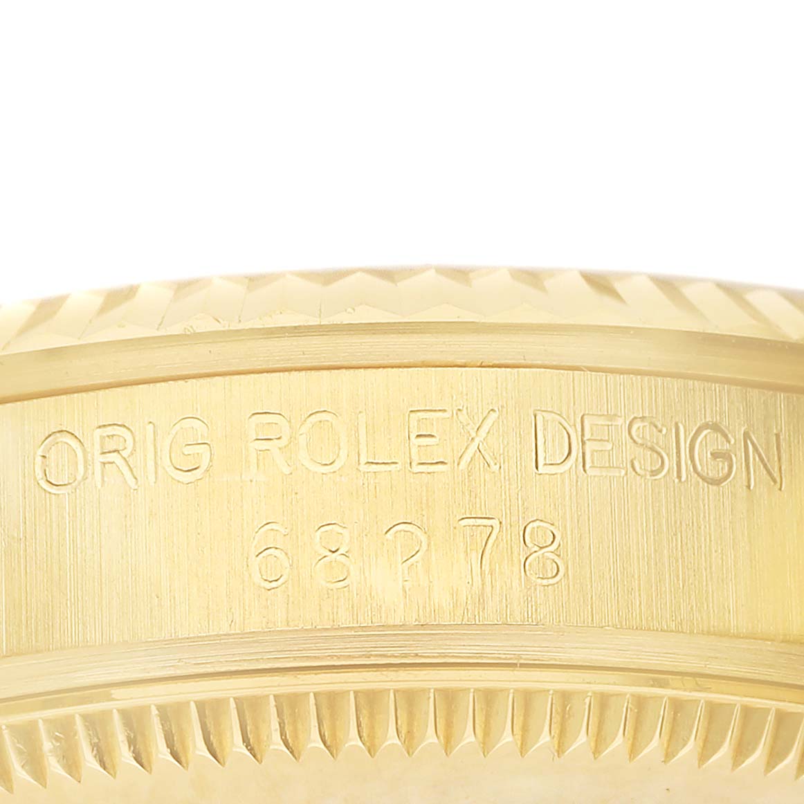 The image shows a close-up of the engraved side of a Rolex President 68278 Women's Yellow Gold Black Dial model, displaying the case number and "Orig Rolex Design."