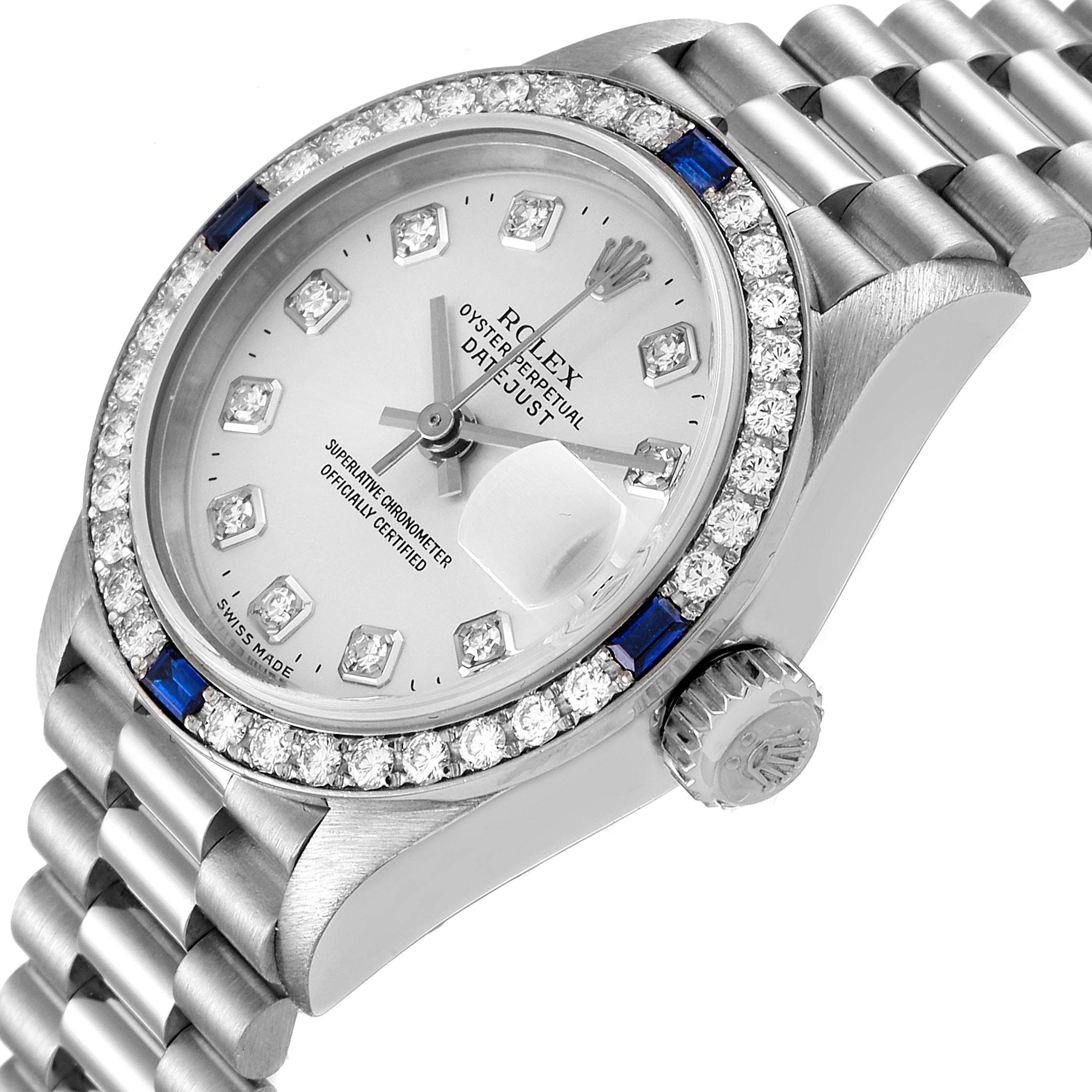 The image shows a side angle of a Rolex President 79089 Women's White Gold Silver Dial 79089 Women's White Gold Silver Dial watch highlighting the bezel, crown, dial, and part of the bracelet.