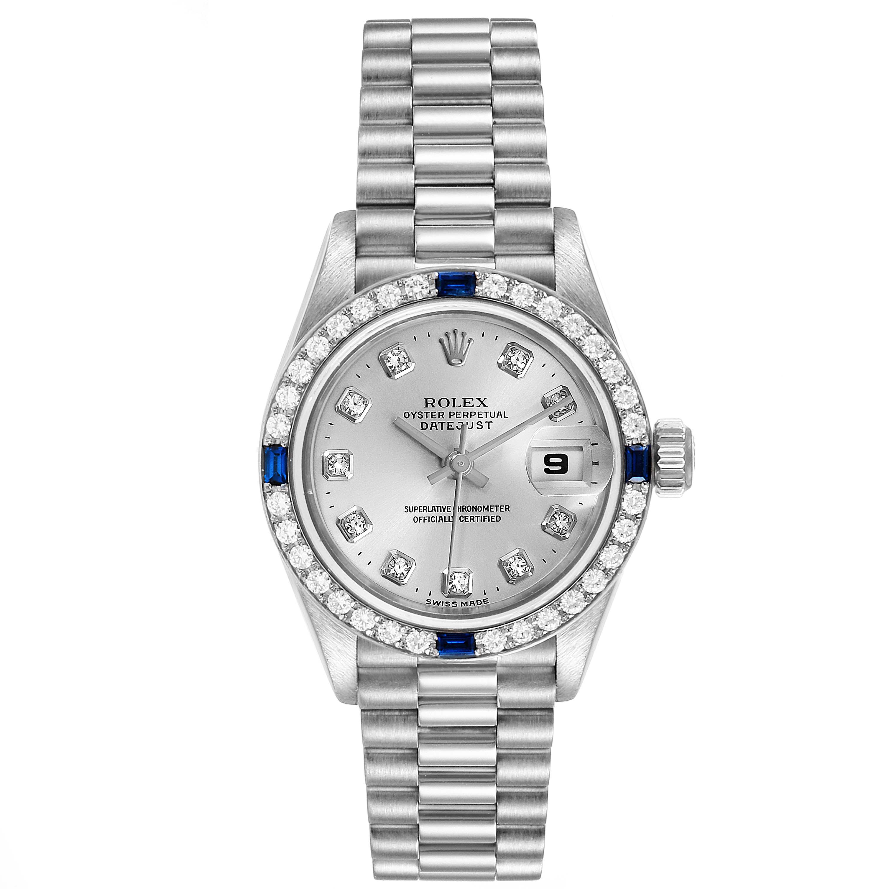 This image shows a front angle of a Rolex President 79089 Women's White Gold Silver Dial 79089 Women's White Gold Silver Dial model watch, featuring its dial, bezel, and bracelet.