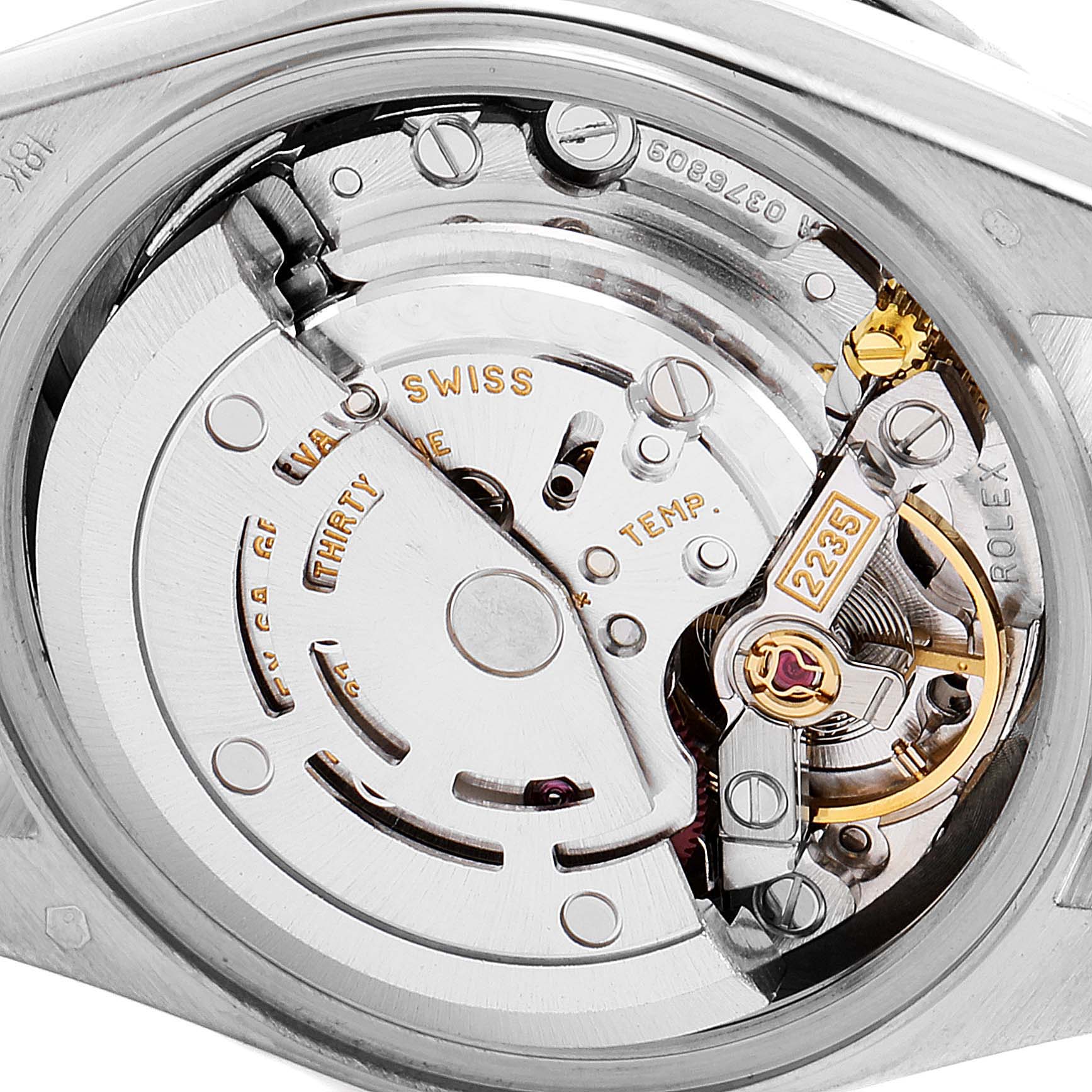 This image shows the internal mechanism of a Rolex President 79089 Women's White Gold Silver Dial 79089 Women's White Gold Silver Dial model watch viewed from the back.