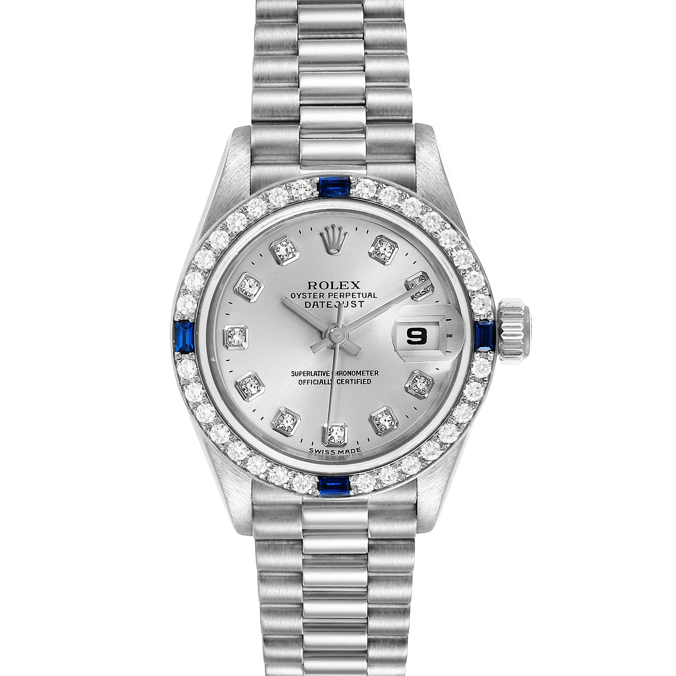 This image shows a frontal view of a Rolex President 79089 Women's White Gold Silver Dial 79089 Women's White Gold Silver Dial model watch, displaying a silver dial, date window, and diamond bezel.