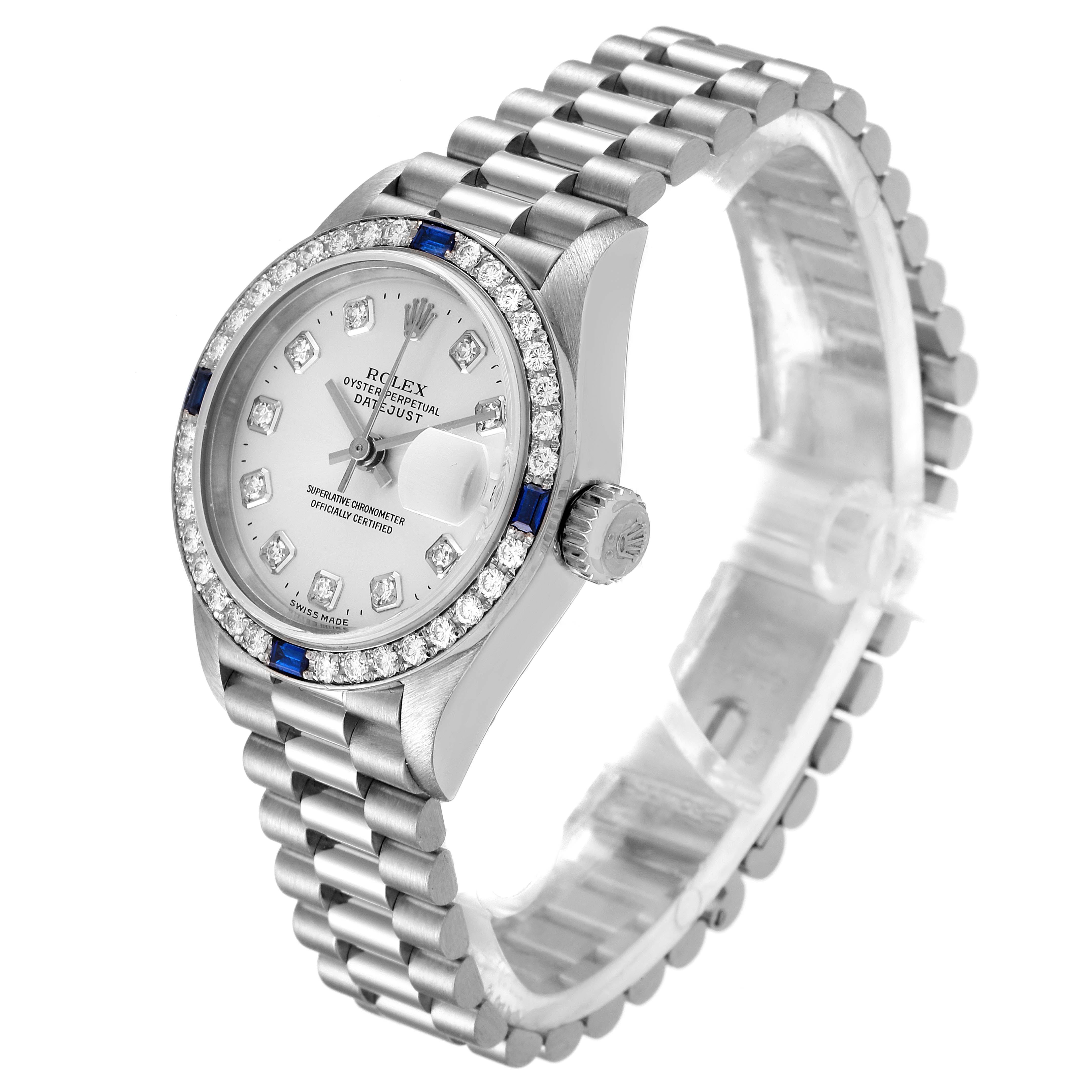 The Rolex President 79089 Women's White Gold Silver Dial 79089 Women's White Gold Silver Dial watch is shown at a 3/4 angle, displaying its dial, bezel, crown, and bracelet.