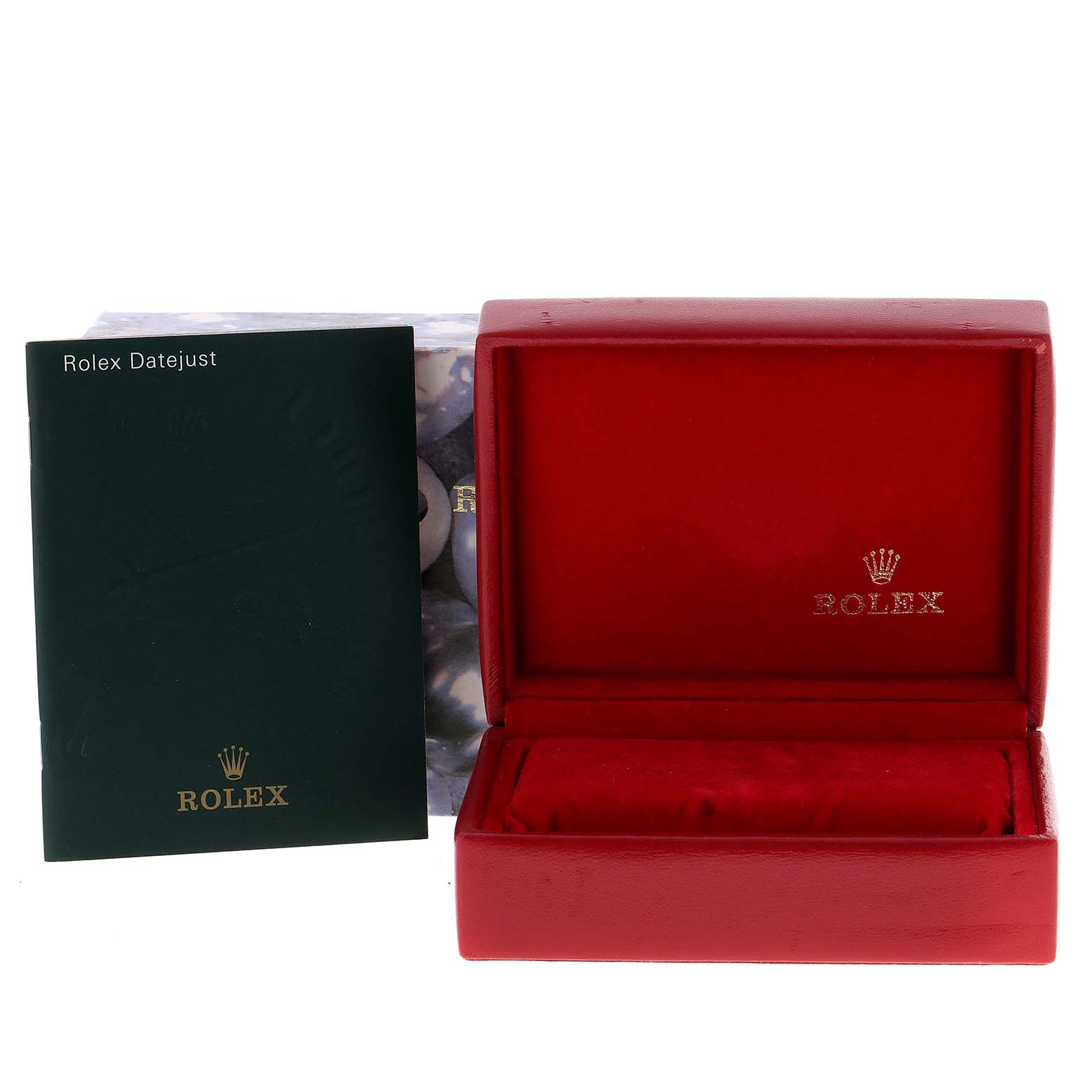 The image shows an empty Rolex President 79089 Women's White Gold Silver Dial 79089 Women's White Gold Silver Dial model watch box and a Rolex Datejust manual.